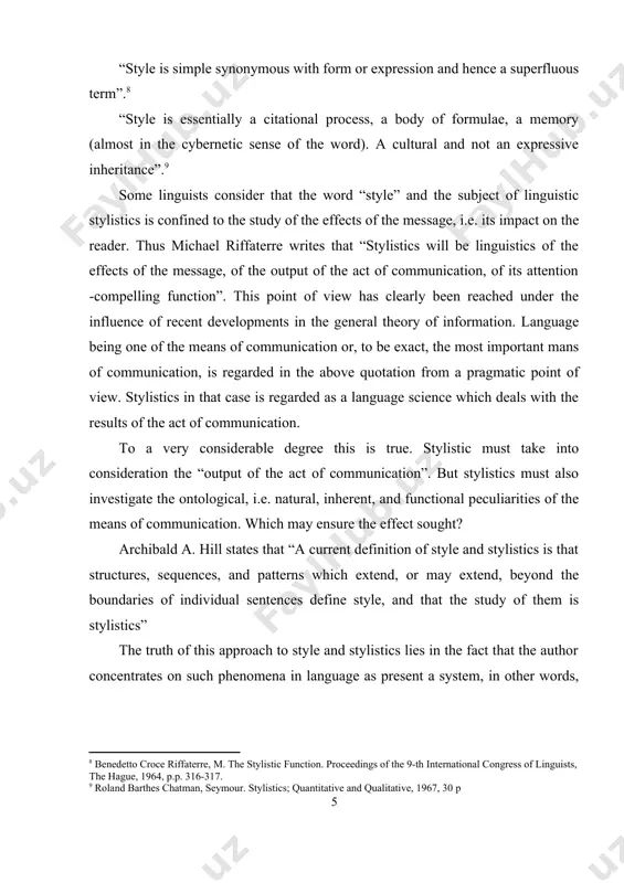 still all these various definitions leave an impression that by and large they all have something in common. all of them point to some integral significance, namely that style is a set of characteristics by which we distinguish one author from another or members of one subclass from members of the same general class. 1.2 expressive means and stylistic devices all stylistic means of the english and uzbek languages can be divided into expressive means (em) and stylistic devices (sd). “the expressive means of a language are those phonetic, morphological, word building, lexical, preseological or syntactical forms which exist in language as-a-system for the purpose of logical and various dictionaries. among lexical em we must mention words with emotive meanings, interjections, polysemantic words, vulgar words, slang etc. the fact that polysemantic words retain their primary and secondary meanings is of great importance for stylistics. it is quite easy to understand …
