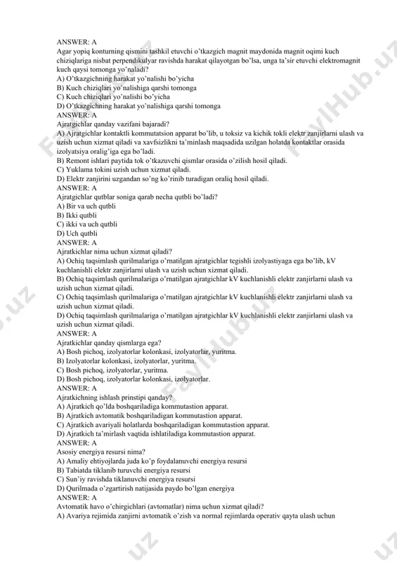 hlar answer: a 50 gst chastotali sistemaga ulangan va qutblari soni 20 ta bo’lgan gidrogenerator rotorining 1 minutdagi aylanishlari sonini aniqlang a) 150 ayl/min b) 300 ayl/min c) 100 ayl/min d) 160 ayl/min answer: a 50 hz li uch fazali tok tizimida kuchlanishni nominal kiymatidan og‘ishi standart bo‘yicha necha foizdan katta bo‘lmasligi kerak a) 10% b) ±5% c) 10-20 % d) ±10% liniya kuchlanishiga nisbatan answer: a 50 hz li uch fazali tok tizimida kuchlanishni nominal kiymatidan og’ishi standart bo’yicha necha foizdan katta bo’lmasligi kerak a) ±2,5 % dan b) ±5%dan c) ±10%dan d) ±7%dan answer: a agar yopiq konturning qismini tashkil etuvchi o’tkazgich magnit maydonida magnit oqimi kuch chiziqlariga nisbat perpendikulyar ravishda harakat qilayotgan bo’lsa, unga ta’sir etuvchi elektromagnit kuch qaysi tomonga yo’naladi? a) o’tkazgichning harakat yo’nalishi bo’yicha b) kuch chiziqlari yo’nalishiga qarshi tomonga c) kuch chiziqlari yo’nalishi bo’yicha d) o’tkazgichning harakat yo’nalishiga qarshi tomonga answer: a ajratgichlar qanday …