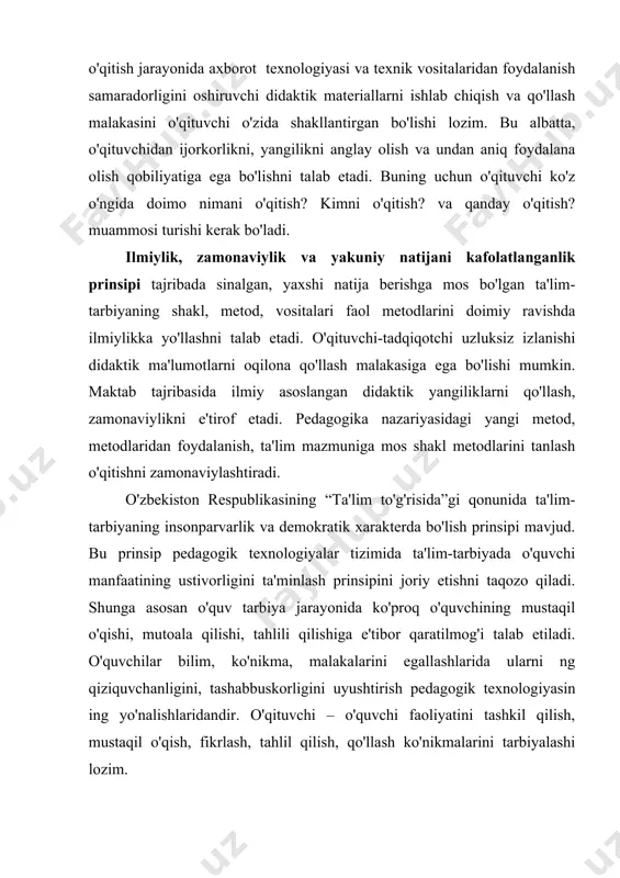ishlab chiqadi. yaratilgan metodik tizim va ma'lumotlar mazmuni yordamida o'quvchi tasavvur qilishi lozimlilarning o'quv-biluv faoliyatini tashkil etadi va o'quv mashg'ulotlari uchun bilish faoliyatining tashkiliy shakllari (nazariy dars, amaliy mashg'ulot)ni maqsadga mos tanlaydi va uni echishga yo'llaydi. buning uchun o'qituvchi, avvalo, o'qitish jarayonini, uning tuzilishi aniq tasavvur qilishi lozim. ma'lumki, har qanday jarayon, ma'lum natijalarga erishish uchun oldinga qarab intilishni, harakatlar yig'indisidan iborat. o'qitish jarayoni ta'lim o'rgatuvchi o'qituvchi va ta'lim oluvchi o'quvchi faoliyat hamkorligining yig'indisini tashkil etadi. jarayon sifatida ta'lim uch element birikmasidan iborat: o'qitish, o'qish va ta'limning mazmuni. o'qitish yoxud o'rgatuvchi faoliyati, bilim oluvchilar faoliyatlarini boshqarish, ya'ni o'quvchilarning o'quv ishlarini uyushtirish, ularning bilish jarayonlariga rahbarlik qilish, nazorat uyushtirish, ma'naviy axloqiy sifatlarini tarkib toptirishni nazarda tutadi. o'qitish jarayonining bu ikki elementi bir maqsad: ta'limning xilma-xil vositalari va metodlaridan foydalanib, o'quv tarbiya ishlarini takomillashtirish, ijtimoiy buyurtmani hal etishga qaratilgan. shunga ko'ra bu jarayonda shaxsning qobiliyatlari, fazilatlari, ma'naviy axloqiy sifatlari, bilish qobiliyatlari rivojlanadi, …