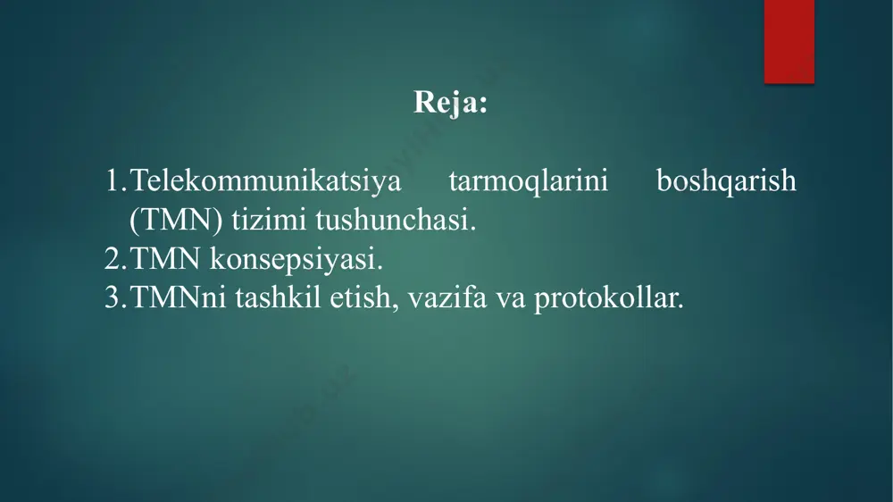 ta’minlash standart protokollar va interfeyslarga ega kelishilgan arxitekturadan foydalanish orqali ta’minlanadi. tmn ning qo’llanish sohalari xususiy va umumiy foydalanish tarmoqlari, shu jumladan o’rta va keng oraliqli xizmatlari integratsiyalangan tarmoqlar (isdn), yucht, chastotali telefon tarmoqlari; uzatish terminallari (multipleksorlar, kross kommutatsiya qurilmalari, kanallarni o’zgartirish apparatlariva h.k.); raqamli va analog uzatish tizimlari (kabelli, optik tolali, radio, yo’ldoshli va h.k.); raqamli va analog kommutatsiya stansiyalari; signalizatsiya tizimlari va terminallar; tmn bilan bog’liq vazifalar ats va oxirgi abonent qurilmalari; tmn muhiti va elektraloqa muhiti chegaralari orqali boshqaruv axborotining almashinuvi; moslikni ta’minlash maqsadida boshqaruv axborotini bir turdan ikkinchisiga o’zgartirish; tmn muhitida boshqaruv axborotini uzatish; boshqarish axboroti ta’siriga sezuvchanlik va uni taxlil qilish; boshqaruv axborotni foydalanuvchiga tushunarli shaklga o’zgartirish; boshqaruv axborotiga ro’yxatdan o’tgan holda kirish imkonini yaratish. tmn ning funksional arxitekturasi. bu yerda: osf –boshqaruvchi tizimlar fb; mf – kelishuv fb; wsf – ishchi stansiya fb; nef – tarmoq elementlari fb; qaf – q-adapter fb tmn modeli …