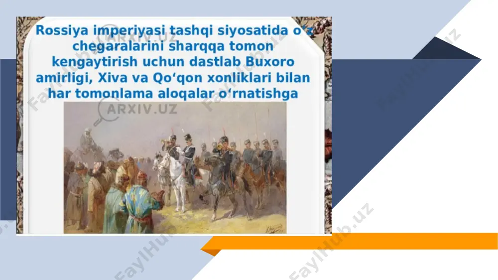 rqandga k.p. kaufman huzuriga kelib, sulh tuzishga rozilik bildiradi. shahrisab hokimi jo`rabek kitob hokimi bobobek 1868- yil amir muzaffar o`g`liga qarshi kurashda fon kaufmandan yordam so`radi. kaufman general abramov boshchiligidagi harbiy qo`shinlarni yubordi. abdulmalik kuch to`plash uchun xiva xoni muhammad rahimdan madad istab borgan, so`ngra hisor viloyatidan va turkmanlardan qo`shin to`plagan. 1870-yil general abramov qo`shinlari abdulmalikni mag`lub etdi. abdulmalik afg`onistonga, so`ng qashqarga (1873) o`tdi. qashqar xitoy tomonidan bosib olingach, hindistonning kalkutta shahrida, so`ng umrining so`ngi kunlarigacha peshovarda istiqomat qildi va 1909-yilda vafot etdi. 1873-yil 28 sentyabrda imzolangan shartnoma natijasida buxoro amirligi rossiyaning protektorati deb e'lon qilingan. amirlik yerlarining uchdan bir qismi podsho rossiyasi ixtiyoriga o`tdi. amudaryoning chap sohilidagi yerlar esa (balx, mozori sharif, qunduz va boshqalar) rossiya va buyuk britaniyaning talabi bilan afg`onistonga berilgan. turkistonni bosib olishining 3-bosqichi 1873-yil bahorida rossiya imperiyasi xiva xonligiga qarshi qo`shin tortdi. xonlik qo`shinida 27 ta eski zambarak, 2 ming otliq, 4 ming navkardan iborat …