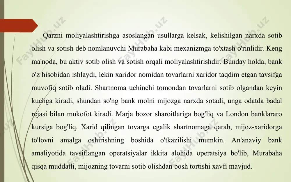 gan ma’noni anglatadi. mudara kreditlashning ushbu shaklida islom banki: *investitsiya loyihasini moliyalashtirish uchun kredit beradi, ammo loyihani boshqarishda ishtirok etish huquqiga ega bo‘lmaydi *loyihani amalga oshishi natijasida olingan foyda bank va mudarribning moliyalashtirishdagi ulushiga mos ravishda taqsimlanadi (ko‘pchilik hollarda 60/40 qo‘llaniladi) *loyihani o‘zini oqlamasligi natijasida ko‘riladigan barcha zararni o‘z zimmasiga oladi. 2. musharaka musharaka arabcha so‘z bo‘lib, taqsimlash, ulush degan ma’nolarni anglatadi musharakada islom banki: *investitsiya loyihasini moliyalashtirish uchun kredit beradi *loyihani moliyalashtirishdagi ishtirokiga bog‘liq ravishda foydaga ham, zararga ham sherik bo‘ladi *loyihani boshqarishda ishtirok etadi. 3. qard-al-hasan bu foizsiz ssuda bo‘lib, islom banki tomonidan ma’lum summada beriladi. kreditni olgan mijoz ko‘rsatilgan muddatda kreditni qaytaradi. u olgan foydasining bir qismini o‘z ixtiyori bilan mukofot sifatida bankka berishi mumkin. kreditning ushbu shakli moddiy yordamni eslatadi. islom banklarining qarzli moliyalashtirishga asoslangan aktiv operatsiyalari islom banklarining rivojlanishiga to'sqinlik qiladigan eng muhim muammolardan biri bu ularning raqobatbardosh kamchiliklari, islomiy moliyaviy xizmatlar bozorining rivojlanmagan infratuzilmasi, …