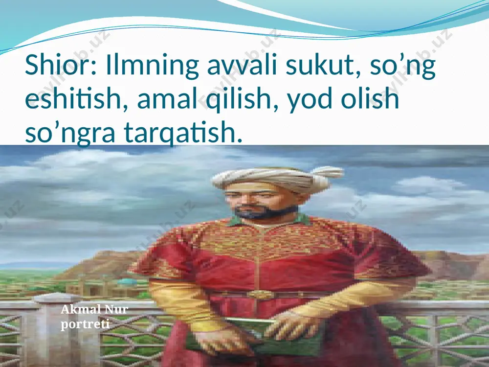anbar hidini taratadi, atirning xushbo’y isini kasb etib tog’ yuzasini bulutdek qoplaydi.) dahoni g’uncharo dandonu tochi lolaro zevar, chu meyobad az-on durposh sozand abri naysonron. (g’unchaning og’zi tish bilan ,lola es toj bilan go’zal, ular bunga erishgach, bahor bulutlaridan dur yog’diradi) “day” zi hirgahi falak otash nihuft dudi sahob, daro ba xirgahu otash furo’z az mai nob. (falak chodiridan ko’rinayotgan otashni bulutlar pardasi to’sdi, chodirga kirginu tiniq, qizil maydon otashga zo’r ber.) namuna bahri mushamma’ namud qavsi quzah, payi lifofai xirgohi osmon zi sahob. (falakda ko’ringan kamalak har qanday soyabonga o’rnak bo’ladi, osmon chodiri esa bulutlardan o’ziga yopinchiq yasash payiga tushdi.) e’tiboringiz uchun rahmat! e’tiboringiz uchun rahmat! image5.jpeg image6.gif image7.jpeg image8.jpeg image9.jpeg image10.jpeg image11.jpeg image12.jpeg image13.jpeg image14.jpeg image15.jpeg image16.png image17.jpeg image18.gif media1.mp3 image19.jpeg image20.png image21.gif image3.jpeg