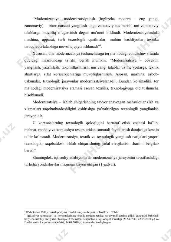 atijalari yuqori texnologik, raqobatdosh ishlab chiqarishning jadal rivojlanish shartini belgilab beradi[footnoteref:4]. [4: iqtisodiyot tarmoqlari va korxonalarining texnik modernizatsiya va diversifikatsiya qilish darajasini baholash bo’yicha uslubiy tavsiyalar. tavsiya o’zbekiston respublikasi iqtisodiyot vazirligi (№2-1-7/49, 22.09.2010 y.) va davlat statistika qo’mitasi (№04-8, 14.09.2010 y.) tomonidan tasdiqlangan.] shuningdek, iqtisodiy adabiyotlarda modernizatsiya jarayonini tavsiflashdagi turlicha yondashuvlar mazmuni bayon etilgan (1-jadval). 1-jadval modernizatsiya jarayonini tavsiflashdagi turlicha yondashuvlar[footnoteref:5] [5: amonboyev m.r. korporativ korxonalar faoliayatini innovatsion boshqarish sharoitida ishlab chiqarishni modernizatsiyalshning asosiy yo’nalishlari. iqt.fan.nomz...diss. t.:2012.20-bet.] yondashuv yo‘nalishlari modernizatsiya jarayonining qisqacha tavsifi klassik sotsiologiya (e.dyurkgeym, m.veber) ijtimoiy mehnat taqsimotini amalga oshiruvchi ijtimoiy tabaqalanish jarayoni xo’jalik subyektlarining o’z faoliyatlari iqtisodiy samarasini eng yuqori darajada oshirish imkoniyatini beruvchi ratsionalizatsiya jarayoni neoklassik maktab xususiy mulkchilik va demokratiyani mustahkamlash vositasi keynschilar maktabi zamonaviy tarmoqlarni barpo etish maqsadida xo’jalikning asosiy tarmoqlarini qamrab oluvchi tarkibiy o’zgarishlar jadvalga ko’ra, modernizatsiya jarayoni mazmunini klassik sotsiologiya vakillari “ijtimoiy tabaqalanish” hamda “ratsionalizatsiya” jarayonlari, neoklassik maktab vakillari “xususiy mulkchilik va …