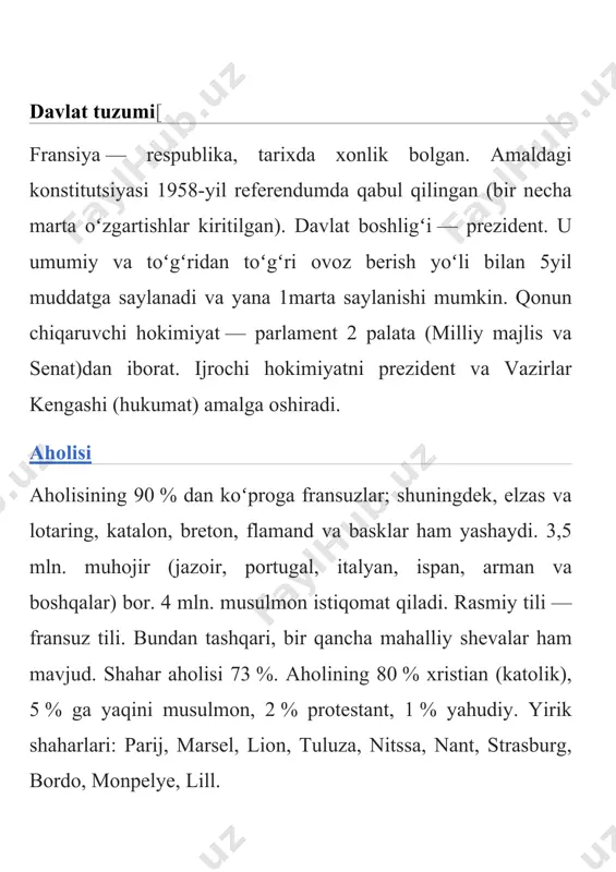 ari (vestgotlar, burgundlar, franklar) bosib olib, uning xududida bir qancha davlatlarni tashkil qildi. ular orasida eng kattasi frank davlati edi („fransiya“ franklar nomidan kelib chiqqan). karolinglar imperiyasining parchalanishi (843) natijasida gʻarbiy frank qirolligi tashkil topdi. shu davrdan fransiya mustaqil davlat boʻlib qoldi. 10-asrdan mamlakat „fransiya“ deb atala boshladi. 1302-yil dastlabki bosh shtatlar chaqirilib, tabaqali monarxiya oʻrnatildi. fransiya bilan angliya urtasida boʻlgan yuz yillik urush (1337—1453) natijasida ishlab chiqarish va savdo keskin kamaydi, xalq ommasining ahvoli ogʻirlashib, jakeriya (1358) va xalq qoʻzgʻolonlari boʻlib oʻtdi. 15-asr 2yarmida fransiya iqtisodiyoti astasekin qayta tiklandi, qirol hokimiyati mustahkamlandi. 16— 17-asrlardan iqtisodiy rivojlanish davri boshlandi. fransiya qirollari gʻarbiy yevropada oʻz siyosiy taʼsirini oʻrnatishga uringan gabsburglar bilan uzoq muddat kurash olib bordilar (qarang oʻttiz yillik urush). 17-asrga kelib fransiya mustamlakachilik siyosatini boshladi: amerika (kanada, vestindiya) va hindistonning bir qismini bosib oldi. 17-asrning 2yarmida fransiya gʻarbiy yevropaning eng kuchli davlatiga aylandi. ammo ispaniya merosi uchun boʻlib oʻtgan urush …
