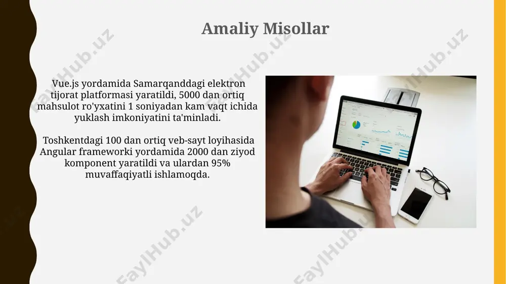ni egallagan. angular umumiy ko'rinishi angularning komponentli arxitekturasi, ikki tomonlama bog'lanish va dependency injection kabi xususiyatlari tufayli katta va murakkab dasturlarni rivojlantirishda samaradorlikni oshiradi, masalan, buyuk britaniyaning yirik korporatsiyalarining ko'pchiligi angularni afzal ko'radi. angular, google tomonidan 2010-yilda yaratilgan va hozirda dunyo bo'ylab 1,5 milliondan ortiq veb-saytlar va ilovalarda qo'llaniladigan, typescript asosidagi mashhur javascript frameworkidir. xulosa va tavsiyalar angular, o'zining komponentga asoslangan arxitekturasi va typescript qo'llab-quvvatlashi bilan, 500 dan ortiq katta loyihalar uchun, ayniqsa, google tomonidan qo'llab-quvvatlanishi tufayli, samarqanddagi yirik kompaniyalar uchun ideal tanlov bo'lishi mumkin. django, asosan backend framework bo'lsa-da, uning templating tizimi va python bilan integratsiyasi tufayli, 10 yildan ortiq tajribaga ega bo'lgan dasturchilar bilan katta va murakkab veb-ilovalarni rivojlantirishda andijondagi kompaniyalar uchun foydali bo'ladi. uchtala frameworkni taqqoslash: arxitektura angular, typescript asosida qurilgan bo'lib, komponentlarni modulli tarzda tashkil etishga imkon beradi va bu google tomonidan ishlab chiqilganligi sababli, katta miqyosdagi loyihalar uchun 200 dan ortiq komponentlarni ishlatishni osonlashtiradi. vue.js, …