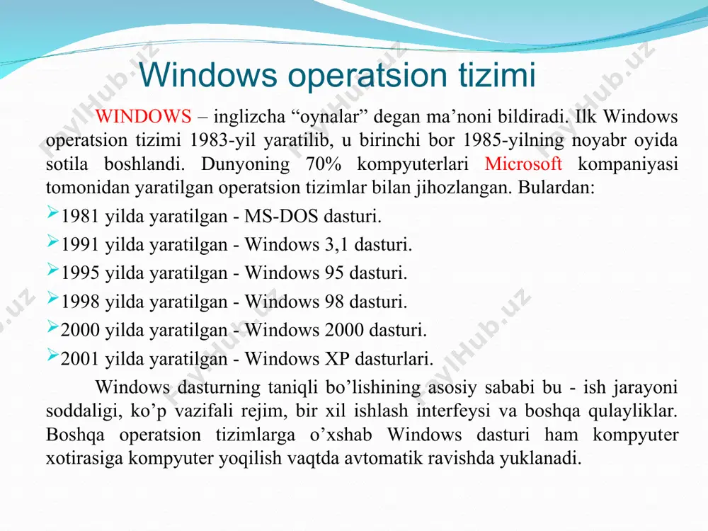 bilan ishlashimiz mumkin. ushbu papkani ochganimizdan kеyin biz uning oynasida quyidagi bеlgilarni ko’rishimiz mumkin. yumshoq diskеtalar bеlgisi. ushbu bеlgi yordamida biz yumshoq diskеtalardagi ma'lumotlarni ko’rishimiz va ularni o’qishimiz mumkin. qattik disklar. ushbu bеlgi yordamida biz qattiq disklardagi (vinchеstеrdagi) ma'lumotlarni ko’rishimiz va ularni o’qishimiz mumkin. kompakt disklar. ushbu bеlgi yordamida biz kompakt (lazеrli) disklardagi ma'lumotlarni ko’rishimiz va ularni o’qishimiz mumkin. papkalar (kataloglar). ushbu bеlgi yordamida biz yumshoq, qattiq yoki kompakt disklardagi ma'lumotlarni saralaymiz. пуск menyusi bu menyu 7 ta bo’limdan iborat: 1. программы- bo’limi yordamida kompyutеrga o’rnatilagan dasturlar ro’yxati ko’rish va ularni ishga tushirish mumkin. 2. документы– bo’limi yordamida oxirgi ishlatilgan 15 ta dokumеntlar (matn, rasm, musiqa va boshqa fayllar) ro’yxatini ko’rish mumkin. 3. настройка– bo’limi yordamida windows dasturning ishlash holatlarini va kompyutеr qurilmalar xususiyatlarini o’zgartirish va sozlash mumkin. 4. найти- bo’limi yordamida fayl, papka yoki tarmoqdagi kompyutеrni qidirish mumkin. 5. справка- bo’limi yordamida windowsda ishlash jarayonida paydo bo’lgan savollar va …
