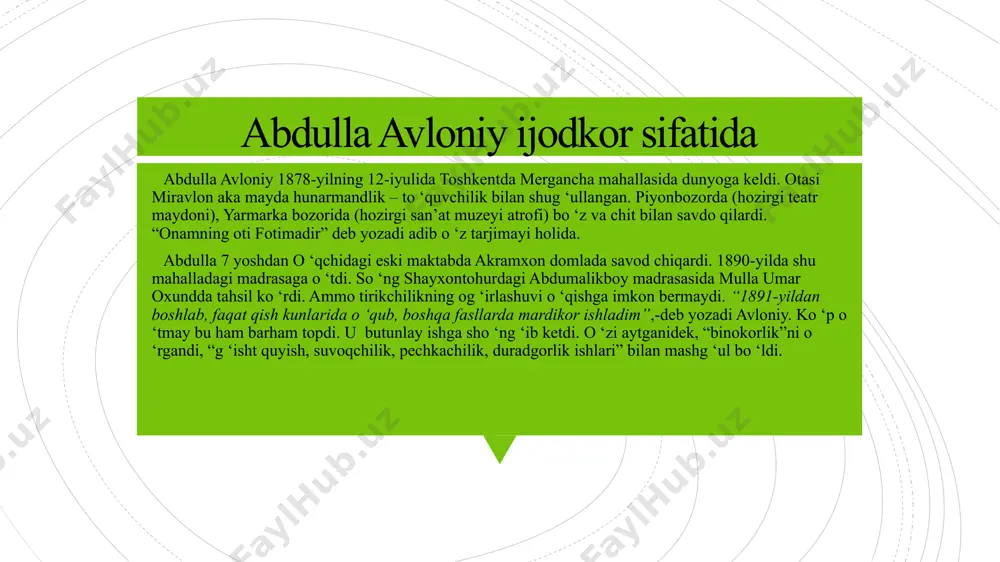 da avloniy o ‘zining siyosiy qarashlarida milliy ozodlik, xalqning o ‘z taqdirini o ‘zi belgilash huquqini qo ‘llab-quvvatlagan. 2. ijtimoiy tenglik va adolat. avloniyning siyosiy va ijtimoiy islohotlarida ijtimoy tenglik va adolatni ta’minlashga alohida e’tibor berilgan. u ijtimoy adolatni faqat iqtisodiy o‘zgarishlar orqali emas, balki odamlarning ruhiy, ma’naviy va axloqiy darajasini yuksaltirish orqali ham amalga oshirish mumkinligini ta’kidlagan. 3. ayollarning huquqlarini himoya qilish: avloniy ayollarning huquqlarini himoya qilishga katta e’tibor bergan. u ayollarni faqat oilaning uy-ro‘zg ‘or ishlari bilan cheklashni, balki ularni ta’lim olishga, jamiyatda faol ishtirok etishga rag‘batlantirishni zarur deb bilgan. 4. qishloq xo ‘jaligi islohotlari. avloniyning siyosiy faoliyatida qishloq xo ‘jaligi va iqtisodiy islohotlar ham muhim o ‘rin tutgan. u qishloq aholisi uchun, iqtisodiy mustahkamlik va farovonlik yaratish, yer bilan ishlashni samarali tashkil etish masalalarini ko ‘targan. avloniy qishloq ishchilari uchun ta’lim va kasb-hunar o ‘rgatish tizimini taklif qilgan. 1919-yilning iyunida avloniy rsfsr hukumatining topshirig ‘i bilan afg …