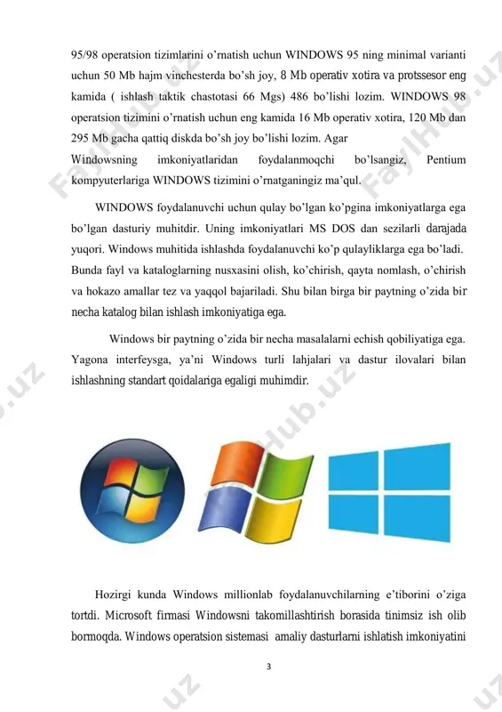 yagona interfeysga, ya’ni windows turli lahjalari va dastur ilovalari bilan ishlashning standart qoidalariga egaligi muhimdir. hozirgi kunda windows millionlab foydalanuvchilarning e’tiborini o’ziga tortdi. microsoft firmasi windowsni takomillashtirish borasida tinimsiz ish olib bormoqda. windows operatsion sistemasi amaliy dasturlarni ishlatish imkoniyatini 4 beradi. 32 razryadga mo’ljallangan amaliy dasturlar interfeysi application programming interface (api) ùozirda ko’p ishlatiladigan tarmoq operasion tizimlar- windows nt yordamida ishlaydigan amaliy dasturlar bilan bemalol ishlashi mumkin. bu esa amaliy va operasion tizimlarni qo’llaydigan yangi dasturlar yaratish imkoniyatini beradi. hatto kompyuter tarmoqlarini ishlatish va tizim adminstratorlari (boshqaruvchilari)dan foydalanish jarayoni qator qulayliklarga ega bo’ldi. windows operatsion sistemasining (windowsopning aynan yangi versiyalarida) ishchi holatida saqlab turish va uni o’rganish ilgarigiga nisbatan kam vaqt va urinishlarni talab qiladi. tizim shunday «aqllilashganki», u qator murakkab amallarni o’zi mustaqil bajaradi. bunday amallar sifatida periferiya qurilmalarining ishlashini ta’minlash, foydalanuvchi muhitini qayta o’zgartirishni (yangi imkoniyatlarni qo’shish) va boshqalarni keltirishimiz mumkin. windows dasturning taniqli bo’lishining asosiy sababi bu …