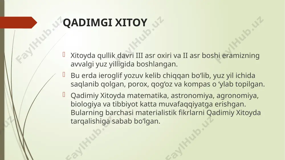 i, quloqlar, og‘iz va najas, siydik tekshirilgan. xitoy tabobatida umumiy chiniqtirish davolanishga: parhez, uqalash, suv muolajalariga, quyosh bilan nurlantirishga, jismoniy tarbiyaga katta ahamiyat berilgan. davolashning muhim uslubi qarama-qarshi narsa bilan davolash bo’lgan. xitoylik tabiblarda boy tajribaga ega bo’lgan davolash usullari bo’lgan: zaxmni davolashda simobdan foydalanish, qichitmani davolashda oltingugurtdan foydalanishgan, moxovni, chechakni davolashda kasallarni izolyatsiya qilishgan. chechak virusi bo’lgan qoraqo’tir bolaning burniga puflanyapti ( vaksinatsiya usuli) xitoy tabobati xitoy tabobati giyohlardan, hayvonlar va minerallardam kelib chiqqan dorivor vositalarini qo’llashgan. dorivor giyohlardan turli xil kasalliklarda (sil, kamqonlik, bezgak v.h.k) qo’llaniladigan jen'shen’ muhim o‘rin tutgan. limonnik, kamfora, rovoch, zanjabil, hind kanopi, bambuk kurtagi, choy, piyoz, sarimsoq piyoz, elimlar, aqonit v.b. qo’llanilgan. hayvonlar kelib chiqishidan dorivor vositalardan - yosh bug‘u va olachipor kiyiklarning shoxi, yosh olachipor kiyikning shoxi, mushak, jigar, ilik qo’llanilgan; ayniqsa arslonning ichki a’zolari va qoni davolashda yuqori baholangan. qon to‘xtatuvchi vosita sifatida (qon qusishlarda) suyak yelimi (jelatin) qo’llanilgan. turli xil mineralli …
