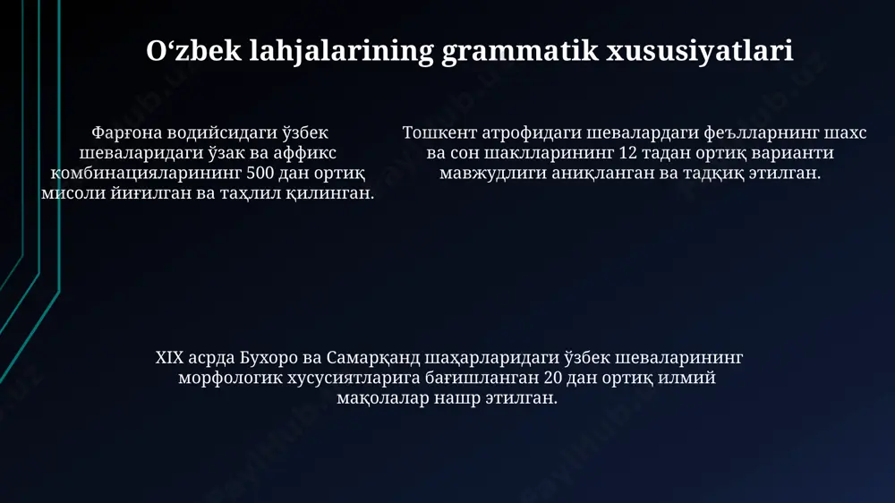 а вилоятларининг шевалари ҳақида маълумотлар учрайди. xix асрнинг иккинчи ярмида, россия империясининг ўрта осиёни босиб олишидан сўнг, рус тилшунослари томонидан ўзбекистон ҳудудидаги, хусусан тошкент ва самарқанд атрофларидаги шеваларнинг биринчи тавсифлари пайдо бўлди. e'tiboringiz uchun rahmat @taqdimot_robot