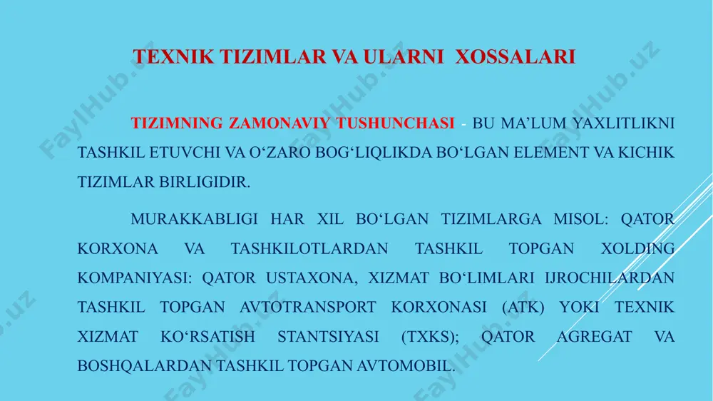 -jadval) kirish holat chiqish axborot, materiallar, talablar, ish rejasi va boshqalar ishlab chiqarish jarayoni mahsulot, xizmat, ish rejimini o‘zgartirish va boshqalar agregatlarni ish rejasini o‘zgartirish va boshqalar turli tizimlar uchun xi, yi, qk larni tarkibi va nisbatining misollari kirish xi qk xolati va tarkibi chiqish yi avtotransport korxonasi (atk) marketing taxlili natijalari: raqobatli muhit. qonunchilik. iqtisodiy xolat. tashishga ehtiyoj va boshqalar atk parkini tarkibi va quvvati; ishlab chiqarish texnik bazasi; xodim; txk va t tizimi; texnik xolat; ishlab chiqarish jarayoni va boshqalar tashish xajmlari daromad va sarflar foyda transport bozori va boshqalarda qisqarishi yoki kengayishi texnik xizmat ko‘rsatish stansiyalari (txks) xizmatga ehtiyoj raqobatli muhit iqtisodiy holat qonunchilik va boshqalar ish unumdorligi va o‘tkazuvchanlik qobiliyati xodim, jihoz, narxlar, ishlab chiqarish jarayoni xizmat ko‘rsatish xajmlari foyda transport bozori va boshqalarda qisqarish va kengayishi katta tizimlarni asosiy xossalari va tasnifi boshqarishning ikki qutbli uslubi mavjud; reaktivli va maqsadli. reaktiv uslubda rejalashtirish jarayonida yoki …