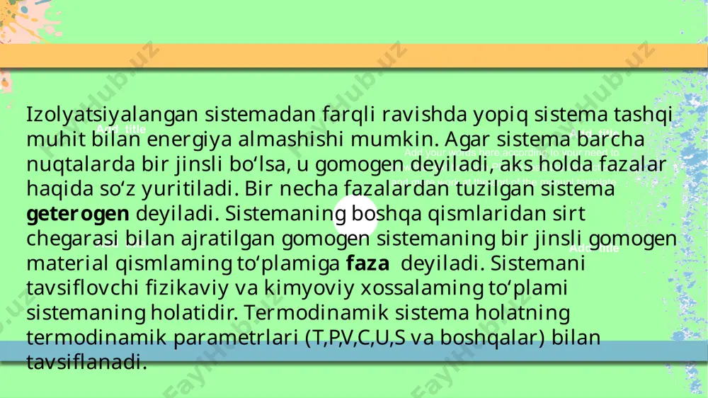 a qonunlarini yana ham chuqurroq tushuntirib u orqali issiqlik, ish, harorat, qaytar jarayonlar va holat funkiyalarining boshqa tamonlarini ko'rsatib beradi. ii.1. termodinamikaning ikkinchi qonununi statistik asoslash. add title add title add title add your words here,according to your need to draw the text box size.please read the instructions and more work at the end of the manual template. add title entropiya ham, xuddi sistemaning ichki energiyasi singari sistemaning holat funksiyasi (to‘liq funksiya) bo‘lib, uning o‘zgarishi faqat sistemaning dastlabki va oxirgi holatiga bog‘liq, jarayonning yo‘liga bog‘liq emas. yilda grek matematigi karateodor entropiyaning haqiqatda ham mavjudligini isbotladi va termodinamikaning ii bosh qonunini hech qanday farazsiz matematik usullar bilan ta’rifladi. entropiya moddaning miqdoriga bog‘liq, demak, ekstrensiv miqdordir. entropiya additiv (yig‘indi) miqdordir, ya’ni sistema entropiyasi uni tashkil etgan tarkibiy qismlar entropiyasi yig‘indisiga teng. uning o‘zgarishi esa ayrim bo‘laklar entropiyasi o‘zgarishi yig‘indisiga teng, murakkab jarayonlar entropiyasining o‘zgarishi jarayonni tashkil etuvchi ayrim jarayonlar entropiyalarining ozgarishlari yig‘indisiga …