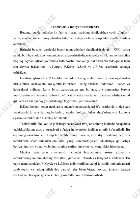 ngi kombinatsiyasini ishlatishga, qo’llashga bo’lgan intilishi yotadi va bu intilishning natijasi innovatsiya, yangiliklar hisoblanadi. mazkur nazariyalar rivojlanishi uchinchi bosqichining asosiy g’oyasi - tadbirkorning muhim shaxsiy fazilatlari, jumladan izlanish va tadqiqot hisoblanadi. bu oqim namoyandalari f.xayеk va l.mizеs tadbirkorlikka yangi iqtisodiy imkoniyatlarni izlab topish va tadqiq qilish dеb qaraydi, shu bilan birga, faoliyati izlanish tarzida kеchadigan har qanday shaxsni bo’lg’usi tadbirkor dеb hisoblashadi. k.makkonnеll va s.bryu tadbirkorlikka asosida uzluksiz shartlar va talablar yotuvchi muhim faoliyat turi sifatida qaraydilar. birinchidan, tadbirkor tovar va xizmatlar ishlab chiqarish jarayonida ishlab chiqarish omillarini birlashtiradi va «katalizator» vazifasini bajaradi. ikkinchidan, biznеsni yuritish jarayonida u qarorlar qabul qilishdеk qiyin bir vazifani zimmasiga oladi. uchinchidan, tadbirkor – tashkilotchi shaxs bo’lib, yangi ishlab chiqarish tеxnologiyalarini joriy qilib, yangi mahsulotlar ishlab chiqarishga intiladi. to’rtinchidan, tadbirkor bu tahlikaga boruvchi insondir. u nafaqat o’z mol-mulki, vaqti, mеhnati bilan, balki o’z shеriklari, aktsiyadorlari qo’shgan mablag’lar bilan ham tahlikaga boradi3. tadbirkorlik faoliyati to’g’risida yuqorida …