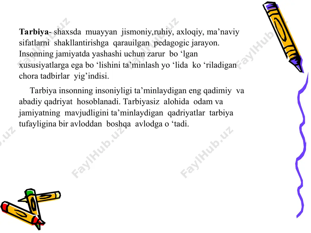 . ijtimoiy ongni shakllantiruvchi metodlar o’quvchilarda ma’naviy-axloqiy sifatlar, e’tiqod hamda dunyoqarashni shakllantirish maqsadida ularning ongi, his-tuyg’usi va irodasiga ta’sir ko’rsatish usullari sanaladi. suhbat. o’quvchi shaxsini g’oyaviy va ma’naviy-axloqiy jihatdan shakllantirishda o’qituvchining jonli so’zi eng ta’sirchan usul hisoblanadi. suhbat uchun mavzu tanlashda uning mazkur sinf o’quvchilari uchun dolzarbligi, o’quvchilarda ma’naviy-axloqiy ishonch uyg’otishning suhbat mazmuniga bo’lgan munosabatlari va suhbatdan kutilayotgan natijani hisobga olish zarur hikoya. o’quvchilar odatda hayot va turli adabiyotlardan olingan aniq misollar bilan boyitilgan hikoyalarni katta qiziqish bilan tinglaydilar. ularga axloq me’yorlari, xalq o’tmishi, tabiiy boyliklar, qahramonlar hayoti va jasorati, shuningdek, tarix, adabiyot va san’at haqida hikoya qilib berish mumkin bo’ladi. namuna. o’quvchilar o’z atrofidagi kishilarda hamma yaxshi axloqiy sifatlarni ko’rishlari va ibrat olishlari nihoyatda muhim. o’qituvchining shaxsan o’zi namuna bo’lishi, ayniqsa, yoshlarga katta ta’sir ko’rsatadi. ular o’qituvchining darsda va hayotda o’zini qanday tutishini, atrofdagi kishilar bilan qanday muomala qilishini, o’z vazifalarini qanday bajarishini kuzatib yuradilar. tushuntirish - ijtimoiy ongni …
