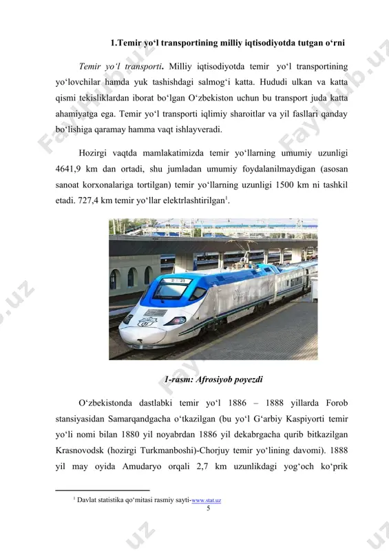 (148 km)da elektr poyezdlar qatnovi yo‘lga qo‘yildi. 2000 yilda elektrlashgan uchastkalar 353,6 km ni tashkil etdi. bugungi kunga kelib ushbu ko‘rsatkich 727,4 km ni tashkil etadi. germaniya bilan hamkorlikda toshkent teplovoz tayyorlash zavodida yo‘lovchilar vagonlarini keltirilgan tayyor qismlardan yig‘ish, yaponiya bilan hamkorlikda toshkenda vagon ta’mirlash zavodi qurib ishga tushirildi. “2011-2015-yillarda infratuzilmani, transport va kommunikatsiya qurilishini rivojlantirishni jadallashtirish to‘g‘risida”gi dasturni amalga oshirish doirasida 2012-yilda 45 kilometrlik temir yo‘l modernizatsiya qilindi, 57 yuk va 7 yo‘lovchi tashuvchi vagon tayyorlandi. temir yo‘l transport kommunikatsiyalarini yanada rivojlantirish ishlari, temir yo‘l tarmoqlarini elektrlashtirish loyihalari izchillik bilan amalga oshirilmoqda. bu ishlar poyezdlardan foydalanish xarajatlarini 20 foizga kamaytirish, yo‘lovchi va yuk tashish tezligini 1,3 barobar oshirish, 830 kilometrlik toshkent-termiz temir yo‘lini to‘liq elektrlashtirish imkonini beradi. undan tashqari maroqand-qarshi va qarshi-termiz temir yo‘l uchastkasini elektrlashtirish loyihalarini amalga oshirish davom ettirilib, ushbu loyihalar bo‘yicha hisobot davrida mos ravishda 2,4 million dollar va 2,6 million dollar kapital qo‘yilmalar o‘zlashtirildi. 2012-yilda …