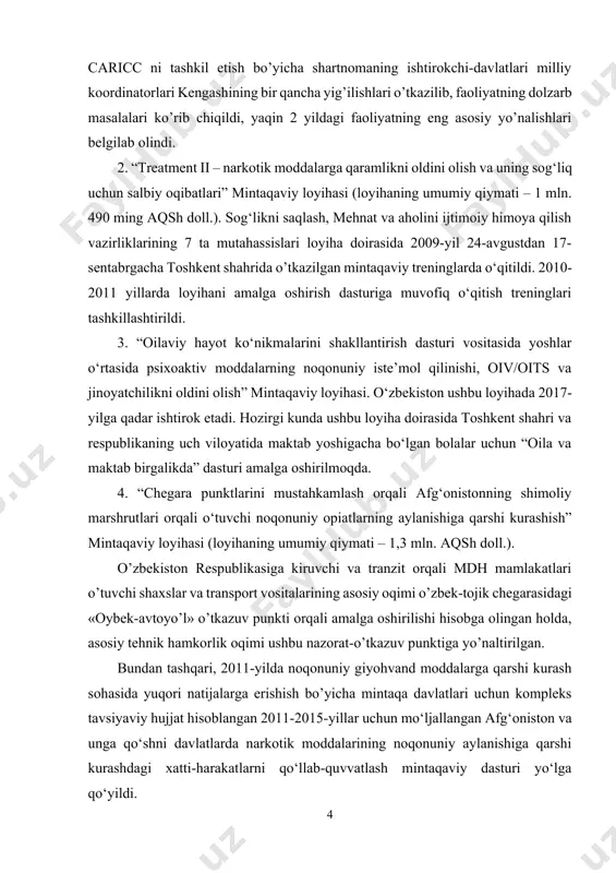 likaning uch viloyatida maktab yoshigacha bo‘lgan bolalar uchun “oila va maktab birgalikda” dasturi amalga oshirilmoqda. 4. “chegara punktlarini mustahkamlash orqali afg‘onistonning shimoliy marshrutlari orqali o‘tuvchi noqonuniy opiatlarning aylanishiga qarshi kurashish” mintaqaviy loyihasi (loyihaning umumiy qiymati – 1,3 mln. aqsh doll.). o’zbekiston respublikasiga kiruvchi va tranzit orqali mdh mamlakatlari o’tuvchi shaxslar va transport vositalarining asosiy oqimi o’zbek-tojik chegarasidagi «oybek-avtoyo’l» o’tkazuv punkti orqali amalga oshirilishi hisobga olingan holda, asosiy tehnik hamkorlik oqimi ushbu nazorat-o’tkazuv punktiga yo’naltirilgan. bundan tashqari, 2011-yilda noqonuniy giyohvand moddalarga qarshi kurash sohasida yuqori natijalarga erishish bo’yicha mintaqa davlatlari uchun kompleks tavsiyaviy hujjat hisoblangan 2011-2015-yillar uchun mo‘ljallangan afg‘oniston va unga qo‘shni davlatlarda narkotik moddalarining noqonuniy aylanishiga qarshi kurashdagi xatti-harakatlarni qo‘llab-quvvatlash mintaqaviy dasturi yo‘lga qo‘yildi. kurs ishining maqsadi: o‘zbekiston o‘z hududida va mintaqada barqarorlikni ta'minlash, terrorizm va ekstremizmga qarshi kurashishda qat'iy pozitsiyani egallash orqali xavfsizlikni mustahkamlashni maqsad qiladi. kurs ishining vazifasi: o'zbekistonning xalqaro xavfsizlikni ta'minlashdagi o'rni va vazifalari quyidagi asosiy yo'nalishlarni …