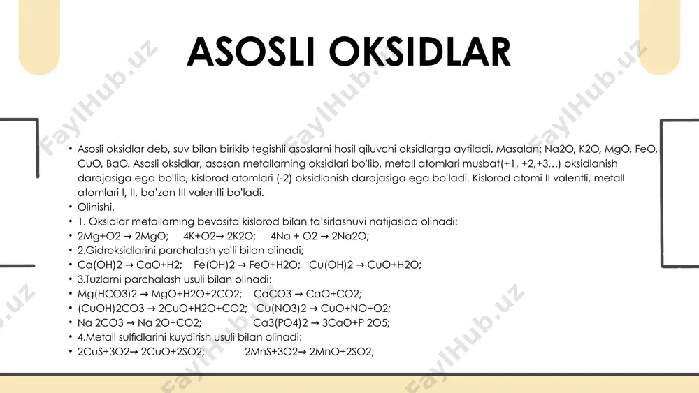 va metallmaslarga kislota eritmalarini ta’sir ettirish bilan hosil qilinadi: cu+4hno3(kons) → cu(no3)2+2no2+2h2o, cu+2h2so 4(kons) →cuso4+so2+2h2o, 2h2so4+c→ 2h2o+2so2+co2 , nazariy ma'lumotlar kimyoviy xossalari. 1.suv ta’sirida tegishli kislotalami hosil qiladi: 2no2+ h 2o → hno2+hno3, p2o5+3h2o → 2h 3po4, cro3+h2o → h2cro4, mn2o7 +h 2o → 2hmno4, cl2o7+h 2o → 2hclo4, 2.asos (ishqor)lar bilan reaksiyaga kirishib tuz va suv hosil qiladi: co2+2naoh → na2co3+h2o, yoki co2+naoh → nahco3, so2+2koh → k2so 4+h2o, yoki so3+koh →khso4, n2o5+ca(oh)2 → ca(no3)2+h2o, 2cu(oh)2+co2 →(cuoh)2co3+h2o, 3.asosli oksidlar bilan birikib tuzlami hosil qiladi: na2o+co2 → na2co3 , k2o+sio2 → k2sio3, cao+co2 → caco3, mno+so3 → mnso4, amfoter oksidlar. ham kislota, ham asos xossasiga ega bo‘lgan oksidlar amfoter oksidlar deyiladi. amfoter (“ikki yuzlamachi”) oksidlar qatoriga beo, zno, sno, pbo, al2o3, cr2o3, mno2, sno2, pbo2 larni kiritish mumkin. olinishi. 1.ko‘pchilik boshqa oksidlar qatori bu oksidlar ham kislorod bilan ayni elementlarning o‘zaro bevosita ta’sirlashuvi natijasida hosil bo’ladi. 4al+3o2 → 2al2o3, 2zn+o2 …
