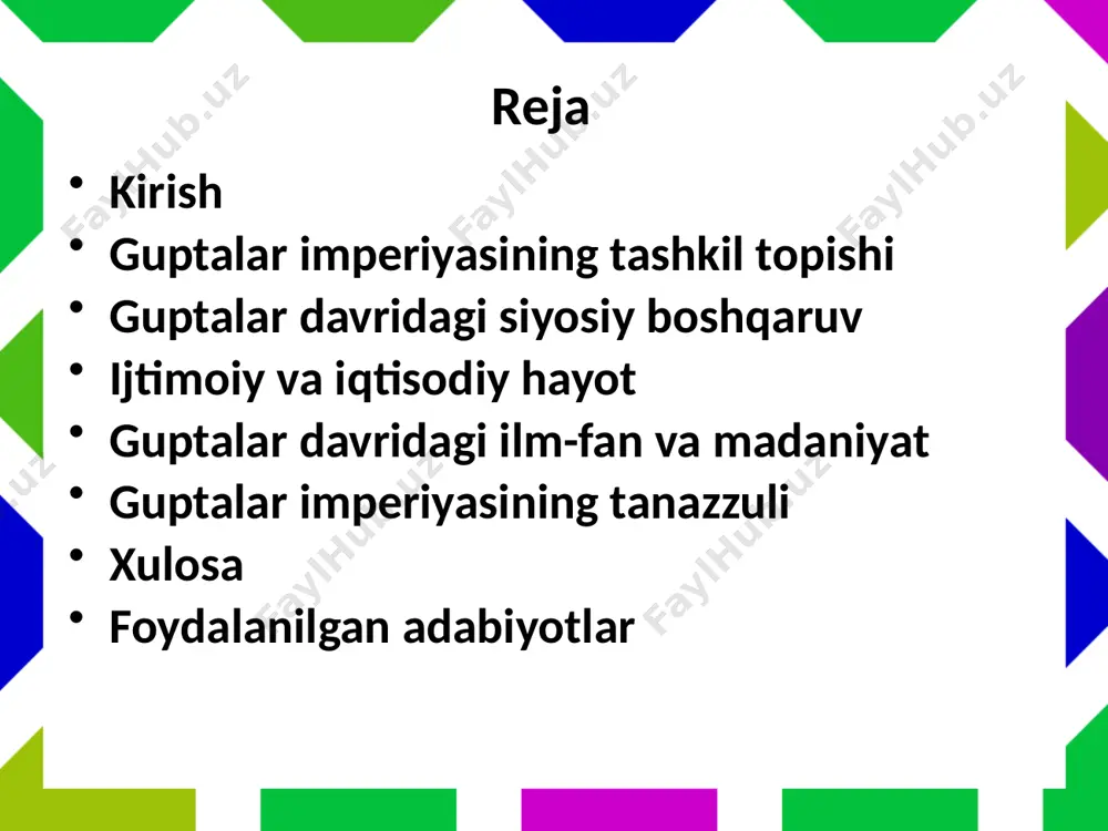 a rivojlandi, uning infratuzilmasi kengaytirildi va shahar aholisining turmush darajasi oshdi. guptalar davridagi siyosiy boshqaruv guptalar davridagi siyosiy boshqaruv tizimi o‘zining samaradorligi va moslashuvchanligi bilan ajralib turardi. imperiya markazlashgan monarxiya sifatida boshqarilgan bo‘lsa-da, mahalliy hokimiyatlar va qabila tuzilmalari bilan hamkorlik qilishga katta e’tibor berilardi. bu tizim imperiyaning keng hududlarini samarali boshqarish imkonini berdi. markaziy va mahalliy boshqaruv tizimi:markaziy boshqaruv tizimi podshohning mutlaq hokimiyatiga asoslangan edi. podshoh eng oliy hokim sifatida qonun chiqarish, soliq yig‘ish va harbiy masalalarni hal qilish huquqiga ega edi. guptalar imperiyasi ijtimoiy va iqtisodiy hayoti guptalar imperiyasi (taxminan milodiy 320–550-yillar) hindiston tarixida "oltin davr" sifatida e’tirof etilgan bo‘lib, bu davrda ijtimoiy tuzum, iqtisodiy faoliyat va madaniy yutuqlar yuqori darajada rivojlangan. imperiya chandragupta i, samudragupta va chandragupta ii kabi hukmdorlar boshqaruvi ostida kengayib, shimoliy hindistonning aksariyat qismini birlashtirdi. ijtimoiy va iqtisodiy hayotning asosiy xususiyatlari kastalar tizimi, savdo-sotiq, hunarmandchilik, dehqonchilik va pul muomalasi edi. kastalar tizimi va jamiyat tuzilmasi:guptalar …