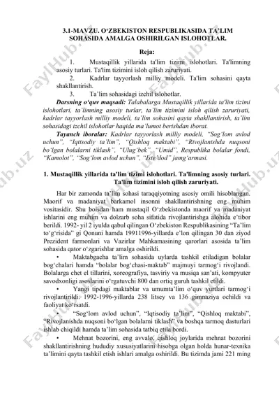 o‘zbekiston respublikasida ta’lim sohasida amalga oshirilgan islohotlar — DOCX