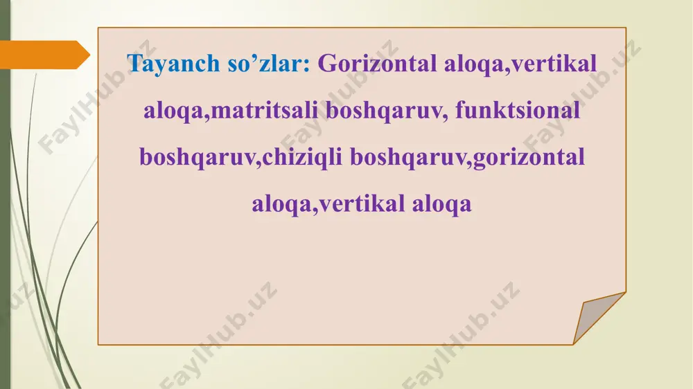 u funktsiyalari asosida tashkil etiladi. bundan, r-rahbar; f1,f2,f3 - funksional tuzilmalar rahbarlari; i- ijrochilar. ushbu boshqaruv tizimida maxsus ixtisoslashtirilgan bo‘linmalar tashkil etilib, vazifalar boshqariladi. maxsus nazorat tizimi tomonidan bo‘linmalar faoliyatini nazoratsiz qoldirish korxonaga zarar etkazishga sabab bo‘ladi. funktsional boshqaruv tashkiliy tuzilma afzallik va kamchiliklari afzalliklar imkoniyatning kengayadi. rahbarda tezkorlik bilan qaror qabul qilish imkoniyati pasayadi. rahbar ish hajmining kamayadi. axborot almashish jarayoni uzayadi. bo‘lim rahbarlarining mas’uliyati oshadi. funktsiyalar bo‘limlari faoliyati kooperatsiyasi qiyinlashadi. ijrochilar faoliyati ustidan nazoratning kuchayadi. funktsional boshqaruv tashkiliy tuzilma afzallik va kamchiliklari kamchiliklar rahbarda tezkorlik bilan qaror qabul qilish imkoniyati pasayadi. axborot almashish jarayoni uzayadi. funktsiyalar bo‘limlari faoliyati kooperatsiyasi qiyinlashadi. chiziqli - funktsional boshqaruv tuzilmasida vazifalar taqsimoti shaxmat usulida funtsional bo‘linmalar bo‘yicha taqsimlanadi. har bir tuzilmaning yuqoridan-quyigacha ierarxik tizimi yaratiladi va ular uchun bajarishi zarur bo‘lgan ko‘rsatkichlar tizimi belgilab qo‘yiladi. ushbu tuzilmada ijobiy natijaga erishgan xodimlar motivatsiyaga alohida e’tibor beriladi. ichki va tashqi bozorda faoliyat yurituvchi korxonalar uchun …