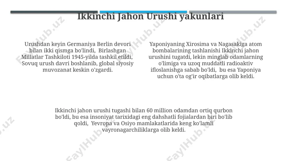 dam berdi. yaponiyaning iqtisodiy tiklanishi "yaponiya mo''jizasi" deb nomlangan bo'lib, 1950-yillardan 1970-yillarga qadar davom etdi va mamlakat yalpi ichki mahsulotini 10 barobarga oshirdi. atom bombalarining portlashi ushbu ikkala atom bomba portlashi 200 000 dan ortiq odamning o'limiga va uzoq muddatli radioaktiv ifloslanishga olib keldi, bu esa keyingi avlodlar uchun ham salbiy ta'sir ko'rsatdi. ikkinchi jahon urushi tugashida qo'shma shtatlar yaponiyaning xirosima shahriga 6 avgust 1945-yilda "little boy" atom bombasini tashladi, bu portlash 80 000 dan ortiq odamning halok bo'lishiga olib keldi. 9 avgust kuni esa nagasaki shahriga "fat man" deb nomlangan ikkinchi atom bombasi tashlab yuborildi, bu portlash 40 000 dan ortiq odamning hayotiga zomin bo'ldi va keng miqyosdagi vayronagarchiliklarni keltirib chiqardi. yaponiyaning taslim bo'lishi yaponiya imperatori hiroxito 1945-yil 15-avgustda radio orqali xalqqa murojaat qilib, ikkinchi jahon urushida ittifoqchilarga shartsiz taslim boʻlishini eʼlon qildi, bu potsdam deklaratsiyasi shartlarini qabul qilishni anglatadi. yaponiyaning taslim boʻlishiga 1945-yil 6-avgustda xirosima shahriga atom bombasi …