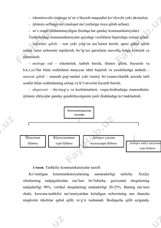 dorligi bundan ham past, ya’ni axborotning ko‘pi bilan 10%i rahbarga yetib boradi. kommunikatsiyalarni tashkil etishda hali juda katta foydalanilmayotgan imkoniyatlar borligi, bu ish sifatini yaxshilash muhim vazifa ekanligi ana shu misoldan ko‘rinib turibdi. kommunikatsiyalardagi kamchiliklarning sabablari ko‘p. ular orasida xabarning muhimligini yetarlicha tushunmaslik, befarqlik, xabar tuzishdagi nuqsonlar, muqobil aloqa vositalarini puxta tanlamaslik va sh.k.b.larni (2- rasm.) ko‘rsatib o‘tish mumkin. samarasiz kommunikatsiyalarning barcha xilma-xil sabablarini ikki guruhga bo‘lish mumkin, bularning hammasi axborot “jo‘natuvchi” va u bilan aloqador “oluvchi”ga bog‘liq. mazkur sabablarni guruhlarga bo‘lish nisbiydir, chunki ayrim hollarda muloqotning muvaffaqiyati ikkala tomonning qanday harakat qilishiga bog‘liq bo‘lishi mumkin. samarasiz kommunikatsiyalar sabablarining tasnifi хабарнинг муҳимлиг тушунмаслик ини онгнин нотўғр г илиги хотиранинг заифлиги o‘zaro munosabatlarni ng noxushligi avval boshdan noto‘g‘ri fikrda bo‘lish axborot yuboruvchiga bog‘liq bo‘lgan sabablar axborot oluvchiga bog‘liq sabablar 2-rasm. kommunikatsiyalar samarasizligi sabablarining tasnifi ko‘pincha rahbarlar xodimlarning, quyi va o‘rta bo‘g‘in rahbarlarining korxonadagi ishlarning ahvolidan xabardor bo‘lib turish istagiga mensimay qaraydilar. …