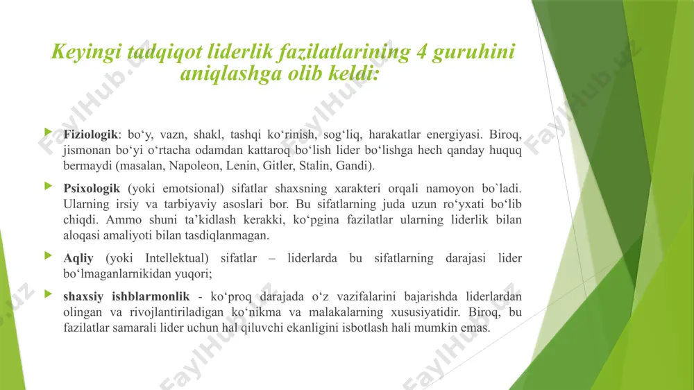 adorlikni kutgan tadqiqotchilarni hayratda qoldirdi. kurt lyuin urush boshlanishi arafasida germaniyadan aqshga hijrat qilgan va germaniyadagi repressiv, avtoritar rejim demokratik jamiyatga qaraganda samarasizroq, deb hisoblagan. u o‘n yoshli o‘g‘il bolalardan iborat uchta guruhda o‘tkazilgan to‘rt oydan ko‘proq tajriba natijalari, har bir guruh tegishli tayyorgarlikka ega bo‘lgan talabalar tomonidan nazorat qilinishi uning farazini tasdiqlashini kutgan. ma’lum bo‘lishicha, yigitlar demokratik liderni afzal ko‘rsalarda, avtoritar liderlik davrida samaraliroq bo‘lishgan. № 2. ogayo shtati universiteti tadqiqoti liderlik xulq-atvori sohasida urushdan keyingi eng muhim sa’y-harakatlar hisoblanadi. ularning maqsadi liderlikning ikki omilli nazariyasini ishlab chiqish edi. asos sifatida ikkita o‘zgaruvchi olindi: munosabatlarning tuzilishi va ushbu tuzilma ichidagi munosabatlar. birinchi o‘zgaruvchiga xattiharakatlar modellari kiradi, ularning yordami bilan lider guruhdagi munosabatlarning tuzilishini tashkil qiladi va belgilaydi: rollarni belgilash, aloqa oqimlarini o‘rnatish, ish qoidalari va tartiblarini, kutilgan natijalar. ikkinchi o‘zgaruvchiga lider va izdoshlar o‘rtasidagi munosabatlar darajasi yoki sifatini aks ettiruvchi xatti-harakatlar namunalari kiradi: do‘stlik, o‘zaro ishonch va hurmat, hamdardlik …