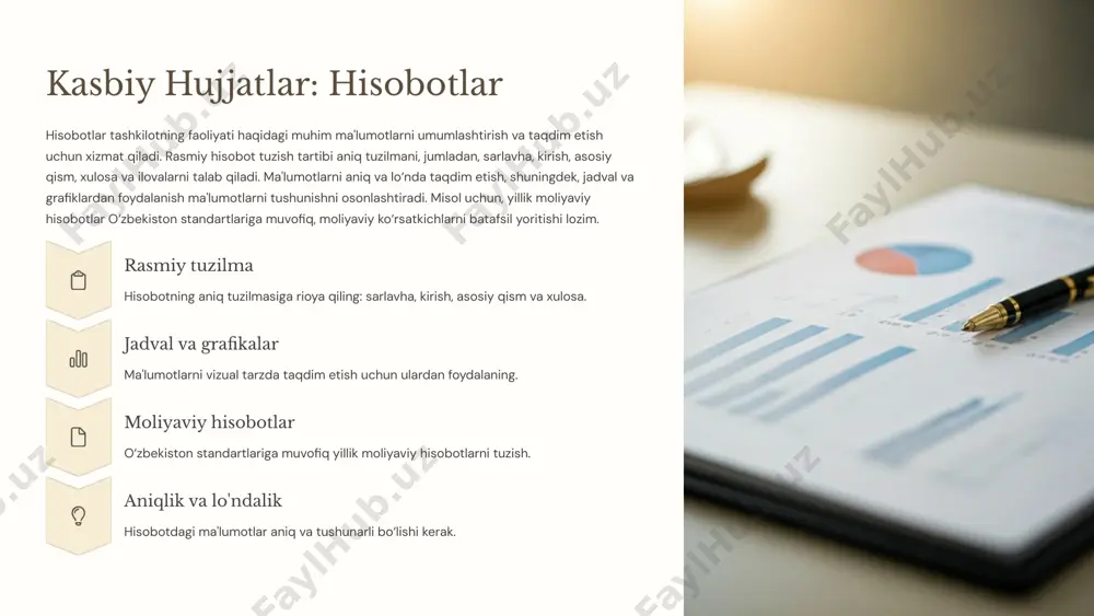 da kasbiy faoliyatning ajralmas qismiga aylangan bo‘lib, hujjatlarni yaratish, formatlash va tahrirlash jarayonlarini sezilarli darajada soddalashtiradi. izohlar qo‘shish hujjatning muayyan qismlariga fikrlar va takliflar kiritish. o'zgartirishlarni kuzatish kiritilgan o‘zgarishlarni ko‘rish va ularni qabul qilish/rad etish. birgalikda ishlash bir nechta foydalanuvchining bir hujjat ustida bir vaqtda ishlashi. xulosa matn protsessorlari kasbiy faoliyatda samaradorlikni oshirishda muhim. 10 image1.png image2.png image3.png image4.png image5.png image6.png image7.png image8.png image9.png image10.png image11.png image12.png image13.png image21.png image14.png image15.png image16.png image17.png image18.png image19.png image20.png image22.png image23.png image24.png image25.png image26.png