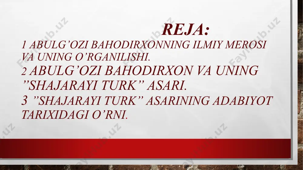 to’la yozilib, tugallanmay qoldi. abulg’oziy vafotidan so’ng uning o’g’li anushaxon topshirig’i bilan urganchlik ziyoli olimlardan biri mahmud ibn muhammad urganchiy asarning yozilmay qolgan 21 sahifasini nihoyasiga yetkazadi. «shajarai turk»da keltirilgan tarixiy ma’lumotlar ichida shaybon ulusi va uning sarhadlari, uning xv asrning so’nggi choragi xvi asr boshlaridagi umumiy ahvoli, sibir xonligi, xorazmning xvi – xvii asrning birinchi yarmidagi ijtimoiy-siyosiy ahvoli, uning rusiya, qozoq hamda buxoro xonliklari bilan bo’lgan o’zaro munosabatlari haqidagi ma’lumotlar diqqatga sazovordir. shayboniylar hukmronligi davrida, xvi asrda o’rta osiyo hududida feodal tarqoqlik kuchaya boshlaydi. buning ijtimoiy - siyosiy sabablaridan biri shayboniylar davlati boshida cheksiz huquqqa ega bo’lgan xon o’tirgan, butun viloyatlar shu xonadon a’zolariga, sultonlarga bo’lib berilgan, viloyat hukmronlarn esa maxsus askariy guruhga, urug’ va qabilalarning yuqori doiralariga, ruhoniylarga suyanganlar. biroq hukmdorlar xonga bo’ysunishni istamay, o’z hududini mustaqil boshqarishga intilgan. «shajarai turk»da muallif ta’kidlaganidek, asarni yozishdan maqsad yodgorxon davridan boshlab yozilmay qolgan tarixni yozib, uni keiyngi avlodlarga yetkazish edi. …