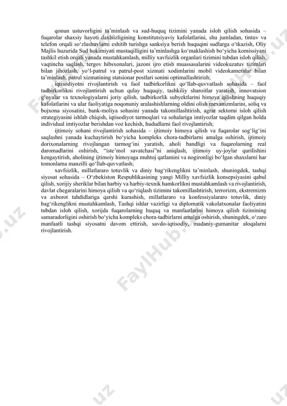 fuqaroligiga qabul qilindi. iqtisodiy sohada keng ko‘lamli o‘zgarishlar amalga oshirildi, eng avvalo, o‘zbekistonning o‘z majburiyatlarini bajarish va chet el hamkorlarining daromadlarini repatriatsiya qilish, mamlakatning investitsiyaviy jozibadorligini oshirish uchun shart-sharoitlarni ta’minlovchi milliy valyuta erkin konvertatsiyasining joriy etilganligi bu borada muhim qadam bo‘ldi. davlat byudjetini shakllantirishning tamomila yangi prinsiplari va mexanizmlari joriy etildi, uning daromad va xarajatlari shaffofligini ta’minlash bo‘yicha chora-tadbirlar amalga oshirildi. davlat aktivlarini boshqarishning samaradorligini oshirish va byudjetning daromad qismini ko‘paytirishga qaratilgan ishga solinmagan zaxiralardan foydalanish choralari ko‘rildi. birinchi bosqichda – uzoq muddatli (10-15 yilga mo‘ljallangan) tarmoq, hududiy va maqsadli rivojlanish konsepsiyalarini ishlab chiqish hamda tasdiqlash, ikkinchi bosqichda – tarmoq, hududiy va maqsadli loyihalar portfellarini tuzish, uchinchi bosqichda – rivojlanish davlat dasturlarini shakllantirishni nazarda tutuvchi o‘zbekiston respublikasining rivojlanish davlat dasturlarini shakllantirishning mutlaqo yangi tartibi tasdiqlandi. ijtimoiy sohani rivojlantirish bo‘yicha kompleks tadbirlar, birinchi navbatda, fuqarolarni ijtimoiy himoya qilish va sog‘lig‘ini saqlashni kuchaytirish, aholini arzon va sifatli dori vositalari bilan ta’minlash, fuqarolarning …