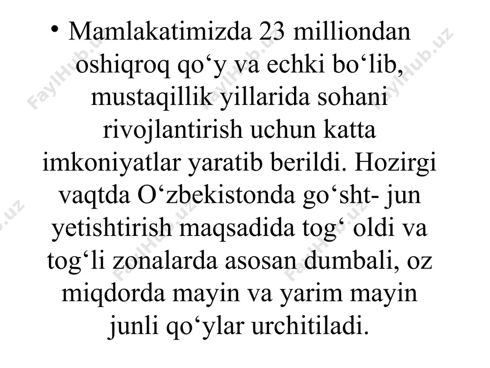 tog‘ yaylovlaridan samarali foydalanadilar. qo‘ylar mustahkam konstitutsiyaga ega bo‘lib, go‘sht-yog‘ belgilari yaxshi shakllangan. jaydari zotini qo‘chqori hisori zoti hisori zoti. qo‘chqorlari asosan to‘qol bo‘lib, o‘rtacha 130-140 kg, eng og‘irlari 170-188, sovliqlari- 80-85, ko‘pincha 90-95 kg tosh bosadi. maxsus bo‘rdoqilangan 190 kg gacha tosh bosadi, ular so‘yilganda 50 kg sof dumba olish mumkin. hisor zotli qo‘ylar asosan surxondaryo viloyati xo‘jaliklarida urchitilish bilan birga respublika qishloq va suv xo‘jaligi vazirligining buyrug‘iga asosan boshqa viloyatlarda jaydari qo‘ylarni takomillashtirishda foydalanilmoqda. saradja zotli qo‘chqor qo‘ylar ancha yirik qo‘chqorlari 74-85 kg, sovliqlari 55-60 kg tosh bosadi. bu zotli qo‘ylar farg‘ona vodiysi xo‘jaliklarida jaydari qo‘y zotining jun mahsuldorligini yaxshilashda foydalanilmoqda. e'tiboringiz uchun raxmat! image1.png image2.jpeg image3.jpeg image4.png image5.jpeg image6.jpeg /docprops/thumbnail.wmf