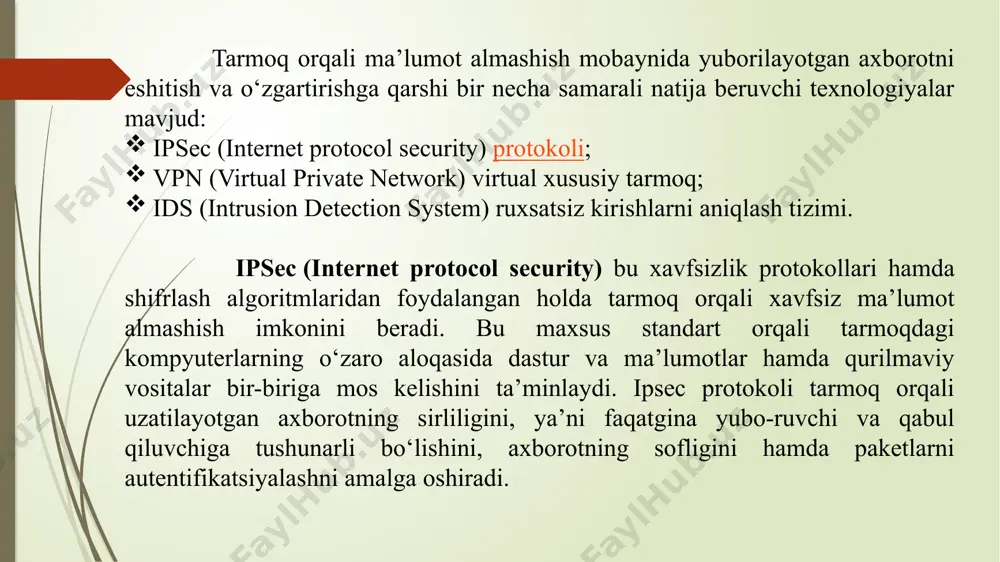 uchun sizga har bir tarmoq qismining bitta kompyuteriga filiallar o‘rtasida ma’lumot almashishiga xizmat qiluvchi maxsus vpn shlyuz o‘rnatish kerak. har bir bo‘limda axborot almashishi oddiy usulda amalga oshiriladi. agar vpn tarmog‘ining boshqa qismiga ma’lumot jo‘natish kerak bo‘lsa, bu holda barcha ma’lumotlar shlyuzga jo‘natiladi. o‘z navbatida, shlyuz ma’lumotlarni qayta ishlashni amalga oshiradi, ishonchli algoritm asosida shifrlaydi va internet tarmog‘i orqali boshqa filialdagi shlyuzga jo‘natadi. belgilangan nuqtada ma’lumotlar qayta deshifrlanadi va oxirgi kompyuterga oddiy usulda uzatiladi. bularning barchasi foydalanuvchi uchun umuman sezilmas darajada amalga oshadi hamda lokal tarmoqda ishlashdan hech qanday farq qilmaydi. eavesdropping hujumidan foydalanib, tinglangan axborot tushunarsiz bo‘ladi. bundan tashqari, vpn alohida kompyuterni tashkilotning lokal tarmog‘iga qo‘shishning ajoyib usuli hisoblanadi. tasavvur qilamiz, xizmat safariga noutbukingiz bilan chiqqansiz, o‘z tarmog‘ingizga ulanish yoki u yerdan biror-bir ma’lumotni olish zaruriyati paydo bo‘ldi. maxsus dastur yordamida vpn shlyuz bilan bog‘lanishingiz mumkin va ofisda joylashgan har bir ishchi kabi faoliyat olib borishigiz mumkin. bu nafaqat …