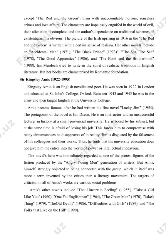 . the novel's hero was immediately regarded as one of the pro​test figures of the fiction produced by the "angry young men" generation of writers. but amis, himself, strongly objected to be​ing connected with the group, which in itseif was more a term invented by the critics than a literary movement. the targets of criticism in all of amis's works are various social problems. amis's other novels include "that uncertain feeling" (i 955], "take a girl like you" (1960), "one fat englishman" (1964), "the green man" (1970), "jake's thing" (1979), "theold dev​ils" (1986), "difficulties with girls" (1989), and "the folks that live on the hill" (1990). amis has also published three volumes of poems: " a frame of mind" (1953), "a case of samples" (1956) and "a look around estate" (1967). his "collected poems: 1944-1979" was published in 1979. amis is a literary critic as well. in his "new maps …