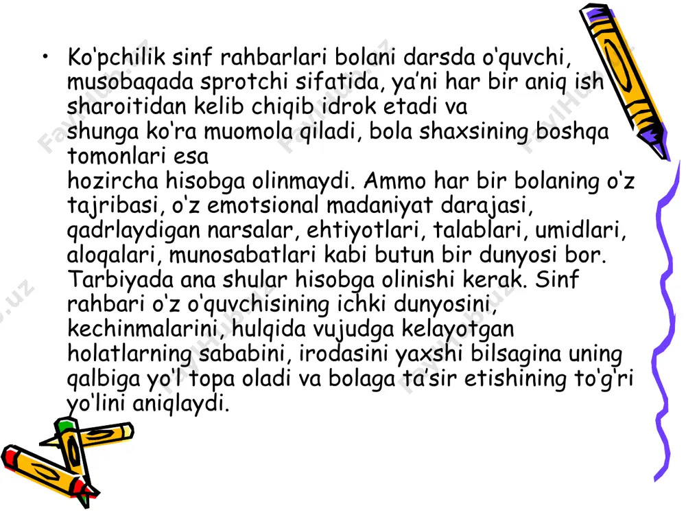 ar qatoriga etkazib olishdagina iborat emas, balki shu bilan barcha o‘quvchilarning, jumladan, eng yaxshi intizomli, bilimli, san’atga havasmand bolalarning ham aqliy, hamjismoniy quvvatlarini va tashkilotchilik qobiliyatlarini har tomonlama rivojlantirishdan iboratdir 2. o‘quvchilarni o‘rganib, ularga tarbiyaviy ta’sir ko‘rsatish. odatda tajribali sinf rahbarlari o‘rganayotib tarbiya berish, tarbiyalayotib o‘rganib borish qoidasiga amal qiladilar. o‘quvchilarni o‘rganishi bu tarbiyachilar uchun muvaffaqiyatli tarbiyalashning zaruriy shart-sharoiti bo‘lib xizmat qiladi, tarbiyalash esa o‘z navbatida o‘quvchilarii kamol toptirish jarayonida ularni o‘rganishning asosiy yo‘llaridan biri sinfdatida foydalaniladi. o‘quvchilarni o‘rganish borasidagi ishlar shaxsini kamol topshirishning tabiiy tarzda faol ishtirok etish bilan, o‘quvchilarda zaruriy ma’naviy xislatlari va harakter xususiyatlarini tarkib topish bilan organik ravishda qo‘shilib ketadi. sinf rahbari o‘quvchilar xulq-atvoridagi ijobiy xislatlarshsh rivojlantirtsh, salbiy xususiyatlarga barham berishni «loyihalashtiradi». pеdagоgik ta`sir ko`rsatish mеtоdikasi bоlalarning ijtimоiy-fоydali faоliyatini pеdagоgik jiхatdan maqsadga muvоfik tarzda tashqil etish uchun fоydalaniladigan vоsitalar tizimidan ibоrat. bu vоsitalar tarbiyalanuvchi shaхsiga qaratilgan bo`lib,bоlalarning хulq atvоrini ragbatlantiradi ,ularning qiyin va murakkab vazifalarini quvоnch …