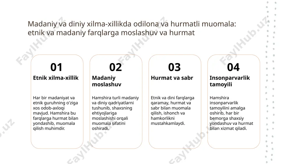 irov s. kasbiy etik va madaniy xilma-xillik. o‘zbekiston tibbiyot jurnal, 2021. 5. tursunov r. hamshiralarning odob va axloq qoidalari. tibbiyot va inson huquqlari, 2022. e'tiboringiz uchun rahmat! /docprops/thumbnail.jpeg
