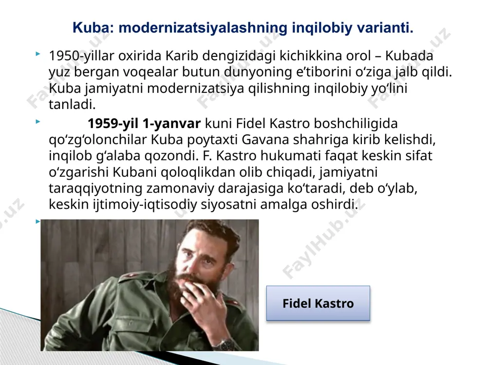 ernizatsiyalashning bunday ziddiyatli natijalari mamlakatdagi umumiy siyosiy muhitga ham ta’sir ko‘rsatdi. 1989-yili o‘tkazilgan prezidentlik saylovlarida xristian-demokratik partiya yetakchisi p. eylvin g‘olib chiqdi. diktatura davri tugadi. augusto pinochet 1958-yili meksika sanoat mahsulotlarining umumiy hajmi bo‘yicha lotin amerikasida birinchi o‘ringa chiqdi. mamlakatning muvaffaqiyatli iqtisodiy rivojlanishida davlat sektori asosiy rol o‘ynadi. lotin amerikasida katta shov-shuvga sabab bo‘lgan kuba inqilobi meksika rahbarlarini ham ijtimoiy sohaga jiddiy e’tibor qaratishga undadi. ammo modernizatsiyalashning kuba variantini qabul qilmasdan, meksika ayni paytda chili variantiga ham o‘ta ishonchsizlik bilan qaradi. meksika hukmron doiralari rivojlanishning liberal-islohotchilik yo‘lidan chekinmadi. 1980-yillardagi jahon iqtisodiy inqirozi meksika uchun katta sinov bo‘ldi. inqiroz yengib o‘tilgan bo‘lsa-da, ishsizlik, tashqi qarz keskin oshdi, tashqi dunyoga, birinchi navbatda aqshga qaramlik ham ortdi. meksika: modernizatsiyalashning islohotchilik varianti. harbiy rejim – davlatni boshqarish shakli bo‘lib, unda butun hokimiyat harbiylarga tegishli bo‘ladi. odatda, harbiy rejimlar harbiy to‘ntarish orqali o‘rnatiladi. agrar-industrial mamlakat – asosiy boyligini qishloq xo‘jalik mahsulotlari tashkil qiladigan, sanoati qishloq …