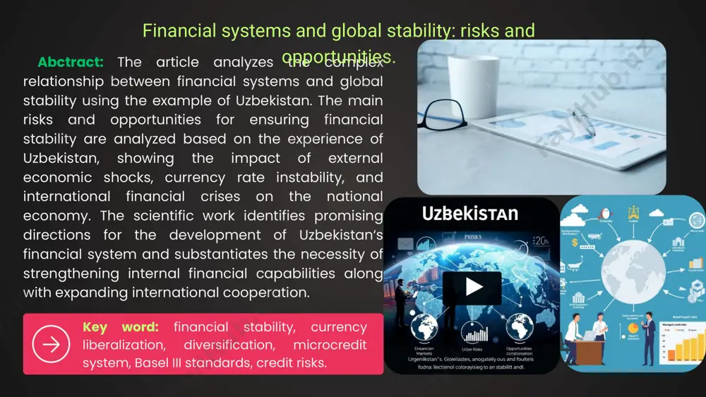 of international financial crises. today, uzbekistan's financial system faces the task of solving a number of strategic challenges. first, it is necessary to create effective financing mechanisms to support economic diversification and develop export-oriented industrial sectors. second, ensuring a favorable credit environment for the development of small and medium-sized businesses and expanding the microcredit system is of great importance. third, the development of the digital economy and financing of innovative projects requires the creation of new financial instruments and platforms. international experience shows that the stability of financial systems is not ensured solely by domestic reforms, but also depends on cooperation with global financial institutions, regulatory systems in accordance with international standards, and the effective functioning of risk management mechanisms. from this perspective, in determining the future development directions of uzbekistan's financial system, it is necessary to take into account not only national interests, but also global trends and international …