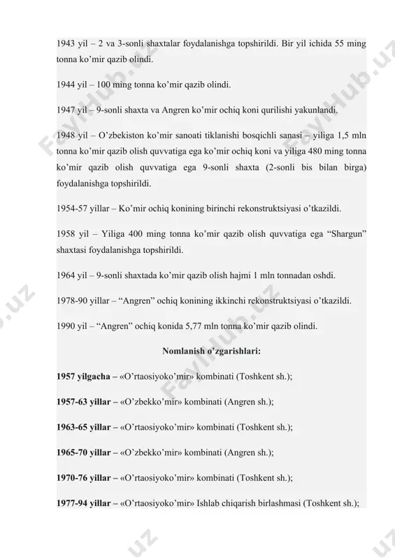 unosib hissasini qo’shish imkonini beradi. “o‘zbekko‘mir” aj huquqiy maqomi o‘zbekiston respublikasi vazirlar mahkamasining 2004 yil 21 iyundagi 290-sonli qaroriga muvofiq, 1994 yilda sssr ko‘mir sanoati vazirligining “sredazugol” ishlab chiqarish birlashmasi negizida tashkil qilingan “ko‘mir” aksiyadorlik birlashmasidan qayta tashkil qilish orqali belgilangan. asosiy faoliyat · o‘zbekiston respublikasi hududida ko‘mir va oqgil (kaolin) qazib olish; · konlarga ochiq va yerosti usullarida ishlov berish. har yili “o‘zbekko‘mir” aj 4 mln. tonnadan ortiq ko‘mir qazib oladi. elektr-energetika sektori ko‘mir yonilg‘isining asosiy iste’molchisi bo‘lib, umumiy ko‘mir iste’molining 85 foizidan ortig‘i ushbu tarmoq hissasiga to‘g‘ri keladi. sanoat korxonalari, ijtimoiy va kommunal xo‘jalik sohasi, aholi ham qattiq yonilg‘iga talabni yuzaga keltiradi. ichki bozorda elektr energiyani ishlab chiqarishda foydalaniladigan tabiiy gaz va neft mahsulotlari kabi energetik resurslar o‘rniga ishlatish maqsadga muvofiqligi, o‘zbekiston energetik balansi tarkibida ko‘mir ulushining oshirilishi ko‘mir sanoati ustuvor rivojlanishining asosiy omili hisoblanadi. o’zbekiston respublikasi hududida ko’mir qazib olish quyidagi korxonalar tomonidan amalga oshiriladi: “o‘zbekko‘mir” aksiyadorlik …