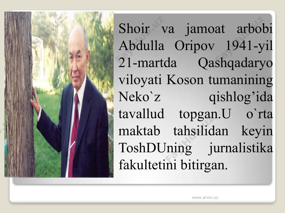 batida shoir uslubiga xoslikni maydonga keltiradi www.arxiv.uz aslida xalq hayotini, turmush tajribalarini kuzatish natijasida ijtimoiy-ruhiy holatlarga oid xulosalar, mantiqiy umumlashmalar og‘zaki ijodda paydo bo‘ladi. maqol, matal, aforizmlar kabi paremalar avloddan-avlodga o‘tib, xalq badiiy tafakkurida yashab keladi. bunday hikmatli iboralarda o‘xshatish (istiora, tashbeh, metafora), taqqoslash (antiteza), parallelizm, kinoya, piching va boshqa badiiy tasvir vositalari keng qo‘llanadi www.arxiv.uz azaliy haq gapni yashirmoq nechun agarda koinot tegirmon olamni yanchsa ham qolgay u butun. zavol yo`q eng asl iste’dod uchun. ushbu she’rda “tegirmon”,”yanchsa” so’zlari qo’llangan www.arxiv.uz kecha oqshom falakda oy bo`zarib botganda zuhra yulduz miltirab xira xanda otganda, ruhimda bir ma’yuslik sokinlik uyg’otganda, men seni esga oldim, birinchi muhabbatim, eslab hayolga toldim, birinchi muhabbatim. “oqshom”,” botgan”,” otgan” so’zlari so’zlashuv uslubiga xos www.arxiv.uz kajrav falakning charxi, bir zum o`nga aylanib, sog’intirgan onamning diydorini ko`rsaydim. onajonim qoshida erkalanib shaylanib, goh quvonib, gohida xo`rsinib turolsaydim. ushbu she’rda “erkalanib”,”shaylanib,””xo’rsinib” kabi so’zlar qo’llanilgan www.arxiv.uz eng oliy baxtim mening, onajonim …