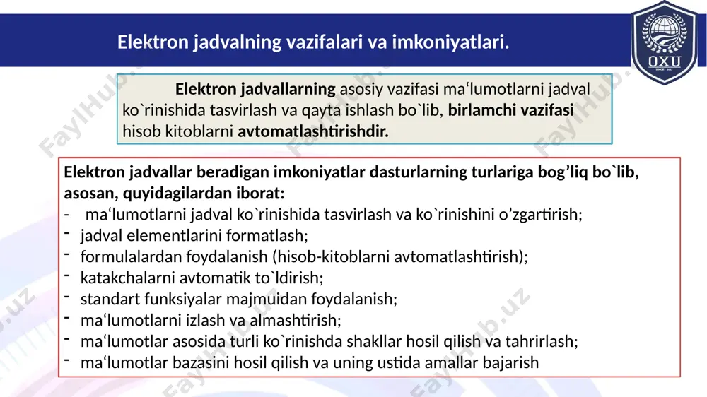 un excel dunyodagi eng mashxur ilovalar qatoriga kiradi. hisoblash electron jadvalining dastlabki dasturi 1979-yili visicalc (visiblencalculators - ko‘rinib turuvchi kalkulyator) nomi bilan software arts firmasida chiqqan. bu dastur apple ii kompyuteri uchun ishlab chiqilgan va ko‘p jihatdan uning bozorda ommabopligi aniqlandi. 1981 yil ibm ps kompyuteri paydo bo‘lishi bilan bu turdagi kompyuterlar uchun elektron jadvallar ishlab chiqila boshlandi ammo 1997-yil microsoft firmasi tomonidan excel dasturi taqdim etildi microsoft excel jadval redaktori haqida ma’lumot windows uchun versiyalar  1988-yil- excel 2.0  1990-yil- excel 3.0  1992-yil-excel 4.0  1993-yil - excel 5.0 (office 4.2 va 4.3, faqat windows nt uchun 32 bitli versiyasi ham bor)  1995-yil - excel 7 windows 95 uchun (microsoft office 95 paketiga qo‘shilgan)  1997-yil - excel 97 (microsoft office 97 paketiga qo‘shilgan)  1999-yil - excel 2000 (9) - microsoft office 2000  2001-yil - excel 2002 (10) - microsoft office xp  2003-yil …