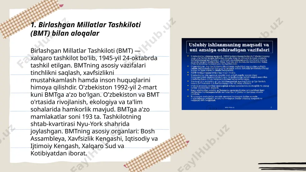 qda. 2021-yilda jahon banki o‘zbekistonga 3,4 milliard aqsh dollari miqdorida moliyaviy yordam ko‘rsatdi. ushbu mablag‘lar qator infratuzilma loyihalariga, jumladan, energiya, transport va suv ta’minoti yo‘nalishlariga yo‘naltirilgan. 2023-yilga kelib, jahon banki bilan hamkorlik doirasida jami 23 loyiha amalga oshirilmoqda, bu esa mamlakatning barqaror rivojlanishi uchun muhim ahamiyatga ega. jahon bankining yordami, shuningdek, o‘zbekistonda qishloq xo‘jaligini rivojlantirish, sog‘liqni saqlash tizimini yaxshilash va ijtimoiy himoyani kuchaytirishga ham qaratilgan. bu aloqalar mamlakatning xalqaro maydondagi iqtisodiy pozitsiyasini mustahkamlashga xizmat qilmoqda. ... t.me/slaydai_bot 7. xalqaro valyuta jamg'armasi (xvj) bilan hamkorlik xalqaro valyuta jamg'armasi (xvj) bilan hamkorlik davlatlar uchun iqtisodiy barqarorlikni ta'minlashda muhim rol o'ynaydi. xvj 1944-yilda tashkil etilgan bo'lib, bugungi kunda 190 dan ortiq a'zo davlatga ega. organziya mamlakatlarga moliyaviy yordam va maslahatlar berish orqali iqtisodiy o'sishni rag'batlantirishga yordam beradi. xvjning umumiy resurslari taxminan 1 trillion aqsh dollariga teng. o'zbekiston 1992-yilda xvjga a'zo bo'lib, tashkilotdan texnik yordam va maslahatlar olmoqda. xvj tomonidan taqdim etiladigan dastur va …