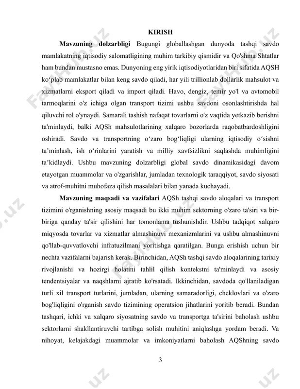 kontekstni ta'minlaydi va asosiy tendentsiyalar va naqshlarni ajratib ko'rsatadi. ikkinchidan, savdoda qo'llaniladigan turli xil transport turlarini, jumladan, ularning samaradorligi, cheklovlari va o'zaro bog'liqligini o'rganish savdo tizimining operatsion jihatlarini yoritib beradi. bundan tashqari, ichki va xalqaro siyosatning savdo va transportga ta'sirini baholash ushbu sektorlarni shakllantiruvchi tartibga solish muhitini aniqlashga yordam beradi. va nihoyat, kelajakdagi muammolar va imkoniyatlarni baholash aqshning savdo raqobatbardoshligi va transport barqarorligini oshirishga qaratilgan strategik qarorlar haqida ma'lumot beradi. mavzuning ob'ekti va predmeti ushbu tadqiqot ob'ekti aqshning tashqi savdo aloqalari va transport tizimi bo'lib, ular birgalikda mamlakatning dunyoning qolgan mamlakatlari bilan iqtisodiy o'zaro ta'sirining asosini tashkil qiladi. bu tovarlar va xizmatlar eksporti va importidan tortib, ushbu almashinuvlarni osonlashtiradigan infratuzilma va logistikagacha bo'lgan keng ko'lamli faoliyatni o'z ichiga oladi. mavzu mavzusi, aniqrog'i, savdo bitimlari, tariflar va savdo siyosati kabi asosiy elementlarni, shuningdek, portlar, aeroportlar, temir yo'llar, avtomobil yo'llari va intermodal ob'ektlarni o'z ichiga olgan transport tarmoqlarini tahlil qilishni o'z ichiga …