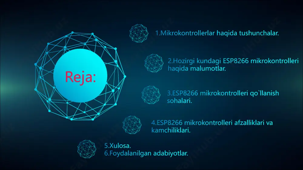 turiy ta'minotda ehtiyotkorlik bilan xavfsizlik choralarini ko'rish zarur. cheklangan resurslar: - ram va flash xotira cheklanganligi sababli, juda murakkab dasturlarni yozish qiyin bo'lishi mumkin. esp8266 o'zining wi-fi ulanishi, qulayligi va arzonligi bilan ajralib turadi.wi-fi diskining integratsiyasi: - esp8266 ichida wi-fi modulining mavjudligi, tashqi wi-fi chiplariga ehtiyojni yo'q qiladi, bu esa loyihalarni soddalashtiradi. eps8266 80 mhz dan 160 mhz gacha tezlikda ishlaydi, bu esa uni ko'p vazifalarni bajarish uchun qulay qiladi. ushbu taqdimotda esp8266 mirokontrollerining afzalliklari va kamchiliklari o`rganib chiqildi.bundan tashqari mikrokontrollerlar haqida umumiy malumorlar berib o`tiladi.esp8266 mikrokontrolleri hozirgi kunda dasturlash ishlarida ko`p qo`llanilganlik o`rganib chiqildi.bu taqdimotda esp8266 mikrokontrollerining tuzilishi haqida ham keng malumotlar berildi.esp8266 mikrokontrolleri hozirgi paytda juda arzonligi va ishlash tezligi bilan yuqori o`rinlarda turadi. . 1. xoliqov a.a. raqamli sxemaotexnika. o'quv qo'llanma, t.: yangi nashr, 2007, 216 b. 2. ugryumov e.p. raqamli sxema. sankt-peterburg, bhv sankt- peterburg 2007. - 800 b. 3. parfenkin a., belov o. sxema. o'quv …