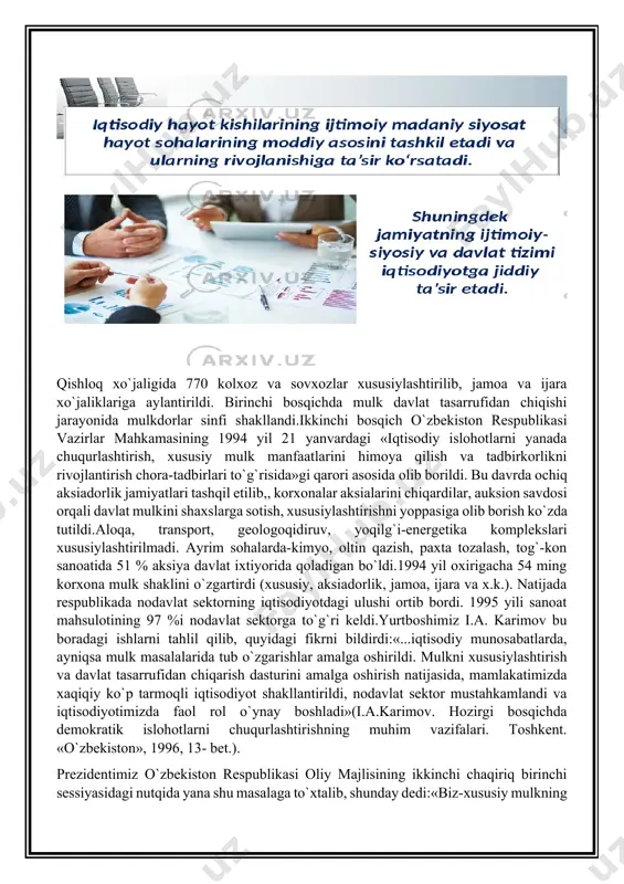 korxona mulk shaklini o`zgartirdi (xususiy, aksiadorlik, jamoa, ijara va x.k.). natijada respublikada nodavlat sektorning iqtisodiyotdagi ulushi ortib bordi. 1995 yili sanoat mahsulotining 97 %i nodavlat sektorga to`g`ri keldi.yurtboshimiz i.a. karimov bu boradagi ishlarni tahlil qilib, quyidagi fikrni bildirdi:«...iqtisodiy munosabatlarda, ayniqsa mulk masalalarida tub o`zgarishlar amalga oshirildi. mulkni xususiylashtirish va davlat tasarrufidan chiqarish dasturini amalga oshirish natijasida, mamlakatimizda xaqiqiy ko`p tarmoqli iqtisodiyot shakllantirildi, nodavlat sektor mustahkamlandi va iqtisodiyotimizda faol rol o`ynay boshladi»(i.a.karimov. hozirgi bosqichda demokratik islohotlarni chuqurlashtirishning muhim vazifalari. toshkent. «o`zbekiston», 1996, 13- bet.). prezidentimiz o`zbekiston respublikasi oliy majlisining ikkinchi chaqiriq birinchi sessiyasidagi nutqida yana shu masalaga to`xtalib, shunday dedi:«biz-xususiy mulkning miqyosi va ulushi uzluksiz o`sib boradigan ko`p ukladli iqtisodiyotni rivojlantirish tarafdorimiz. dunyo tajribasi shundan dalolat beradiki, jamiyatda tom ma`nodagi mulkdorlar sinfining ko`pchilikni tashqil etishi ijtimoiy hayotdagi barqarorlik va farovonlikning kafolati bo`lib xizmat qiladi»(i.a. karimov. ozod va obod vatan, erkin va farovon hayot- pirovard maqsadimiz.-namangan haqiqati,-2000.-26 yanv.).2. iqtisodiyotimizdagi o`zgarishlar masalasida to`xtaladigan …