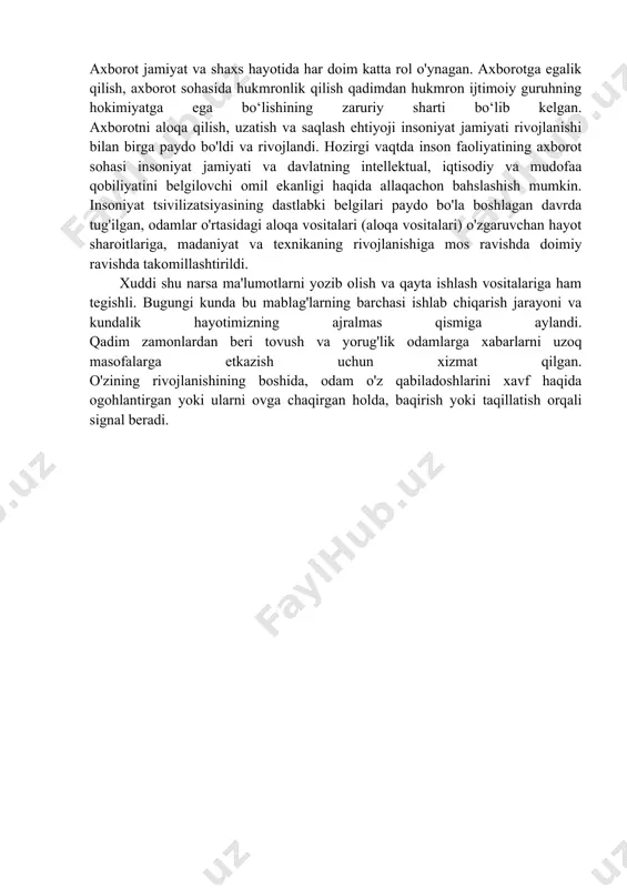 ro aloqasi ko‘p qirrali bo‘lishi va turli omillar bilan belgilanishi mumkin: muloqot tili, foydalanuvchining faol yoki passiv roli; suhbatning tashabbuskori kim - foydalanuvchi yoki kompyuter; javob vaqti; dialogning tuzilishi va boshqalar. agar suhbatning tashabbuskori foydalanuvchi bo'lsa, u protseduralar, ma'lumotlar formatlari va boshqalar bilan ishlash bo'yicha bilimga ega bo'lishi kerak. agar tashabbuskor kompyuter bo'lsa, u holda mashinaning o'zi har qadamda turli xil tanlovlar bilan nima qilish kerakligini ma'lum qiladi. ushbu operatsiya usuli "menyu tanlash" deb ataladi. u foydalanuvchi harakatlarini qo'llab-quvvatlaydi va ularning ketma-ketligini belgilaydi. shu bilan birga, foydalanuvchidan kamroq tayyorgarlik talab etiladi. axborotni ko'rsatish moslamalari hisoblash natijalarini, ma'lumotnoma ma'lumotlarini va dasturlarni kompyuter vositalarida, chop etishda, ekranda va hokazolarda aks ettirish uchun ishlatiladi. chiqarish qurilmalariga monitorlar, printerlar va plotterlar kiradi. monitor - bu foydalanuvchi tomonidan klaviaturadan kiritilgan yoki kompyuterdan chiqqan ma'lumotlarni ko'rsatish uchun mo'ljallangan qurilma. printer - bu matn va grafik ma'lumotlarni qog'oz chiqarish qurilmasi. plotter - katta formatdagi chizmalar va diagrammalarni …