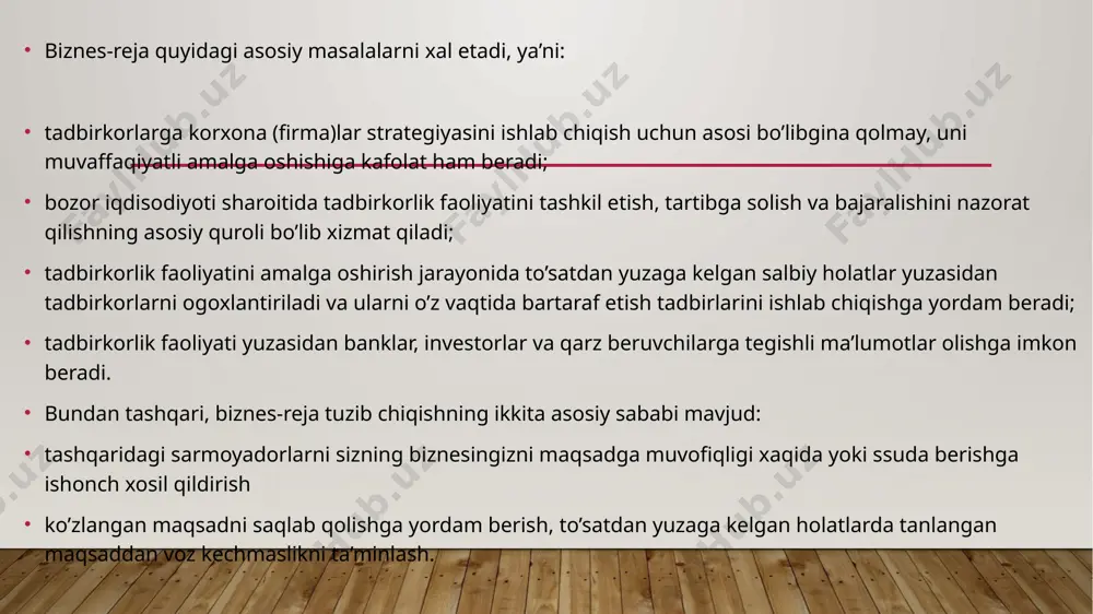 h xarajatlarini baholash; mahsulot bahosini shakllantirish, mahsulot sotilishini rag’batlantirish va bozorni o’rganish bilan bog’liq marketing tadbirlari tarkibini aniqlash; firmaning moliyaviy holati va qo’yilgan maqsadga erishish uchun mavjud moliyaviy va material resurslarning mos kelish imkoniyatlarini baholash va boshqalar. korxonani rahbari yoki menejeri biznes-rejani ishlab chiqarishning aniq sxemasi, uning tartibi va bayoni, xajmi, axborot ustunligini tanlashda quyidagi omillarga alohida etibor berishi kerak bo’ladi: korxona statusi va katta - kichikligi (kichik biznes); rejalashtirish faoliyatining bosqichlari (biznes boshlanishi, ya’ni, yangi ishlab turgan korxona faoliyatining davomi); biznes xususiyati va qiyinchiligi, xuddi shunday u yoki bu masalalarni ishlab chiqishdagi iborasi; kerakli ma’lumot va axborotni borligi; boshqa mutaxassislarning yordamiga muhtojligi va boshqalar. biznes-rejalar tadbirkor uchun quyidagi asosiy vazifalarni xal etishda yordam beradi: • firma faoliyati asosiy yo’nalishi, bozor maqsadlari va firmaning bozordagi o’rnini aniqlash • firmaning uzoq muddatli va qisqa davr maqsadlari, strategiyasi, taktikasini amalga oshirishga erishishni belgilab berish • firmaning iste’molchilarga tavsiya etadigan tovar (xizmat)lar tarkibini …