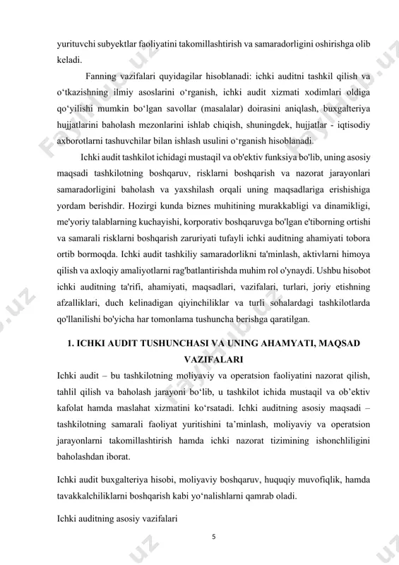 lablariga rioya qilish – davlat organlari tomonidan qo‘yilgan talablarga javob berish va jarimalarning oldini olish. ichki audit har qanday tashkilotning barqaror rivojlanishini ta’minlashda muhim vosita hisoblanadi. u orqali kompaniya o‘zining zaif tomonlarini aniqlab, ularni bartaraf etish imkoniyatiga ega bo‘ladi. ichki audit korxona faoliyati ichki nazoratining turlaridan biri bo‘lib, mulkdorlarning manfaati asosida korxona faoliyatini mustaqil tekshirish va baholashdan iboratdir. ichki auditorlar institutining kuzatuv kengashi 1999-yil ichki auditning hozirgi ta’rifini tasdiqlashgan. ichki audit bu korxonaning ahamiyatini oshirish va faoliyatini takomillashtirishga qaratilgan mustaqil va xolis kafolatlar, tavsiyalar berish faoliyatidir. ichki audit, korxonaga maqsadlami amalga oshirishda risklami boshqarish, nazorat qilish va korporativ boshqaruv jarayonining samaradorligini baholash va takomillashtirishga qaratilgan tizimli va izchil yondashuvni qo‘llaydi. ichki auditning asosiy maqsadi mulkdorlaming korxona resurslarini saqlab qolish va samarali ishlatish bo‘yicha manfaatlarini himoya qilish, shuningdek boshqaruv qarorlarini qabul qilish uchun to‘la-to‘kis va ishonchli axborot bilan ta’minlashdir. har bir predmetning obyekti va subyekti bo‘lganidek ichki auditning subyekti - bu …