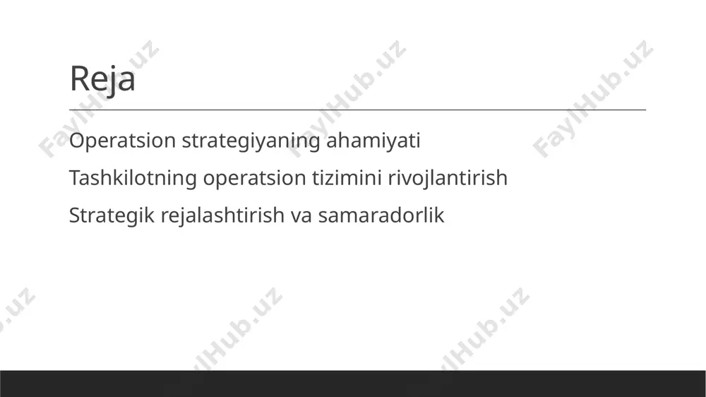 ini beradi, raqobatbardoshlikni oshiradi. tashkilotning operatsion tizimini rivojlantirishda strategik rejalashtirishning roli. strategik rejalashtirishning ahamiyati operatsion tizimlarni boshqarish innovatsiyalarni qo'llab-quvvatlash tashkilotning operatsion tizimini rivojlantirishda strategik rejalashtirish, maqsadlarni belgilash va resurslarni samarali taqsimlashda muhim rol o'ynaydi. strategik rejalashtirish, operatsion tizimlarni boshqarish jarayonini aniq belgilab, samaradorlikni va natijalarni oshirishga yordam beradi, raqobatbardoshlikni kuchaytiradi. strategik rejalashtirish, yangi innovatsiyalarni joriy etish va rivojlantirish uchun asos yaratadi, bu esa tashkilotning adaptivligini va bozor talablariga javob berish qobiliyatini oshiradi. operatsion tizimlarni samarali boshqarish: amaliy yondashuvlar va metodlar. operatsion tizimlarni samarali boshqarish tashkilotning muvaffaqiyatini ta'minlashda muhim ahamiyatga ega. bunga quyidagi amaliy yondashuvlar yordam beradi: 1) jarayonlarni optimallashtirish; 2) resurslardan samarali foydalanish; 3) doimiy xodimlar ta'limi va rivojlanishi. bu yondashuvlar tashkilotning umumiy maqsadlariga erishishini osonlashtiradi. tashkilotning operatsion tizimini optimallashtirish: kutilayotgan foydalar va imkoniyatlar. operatsion samaradorlik tashkilotning operatsion tizimini optimallashtirish, resurslardan samarali foydalanishni ta'minlaydi, bu esa xarajatlarni kamaytirish va foydani oshirishga yordam beradi. muvofiqlik va moslashuv optimallashtirilgan operatsion tizimlar tashkilotlarni …