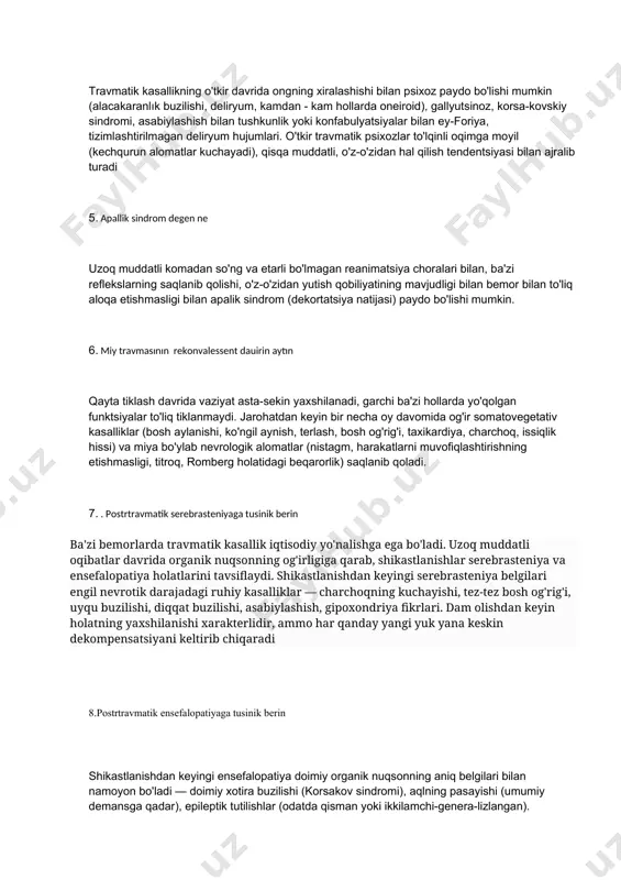 r waqitiin ozinde beriliwi kerek. ayrim waqitlari garmonal terapyadan paydalanbaw kerek. sonday etip, psot-krastraaciya, klimakterik ham awir premenstrual sindromlardi emlewde psixofarmokologik darilerdi qollaw jaqsi, sebebi garmonal almastiriw psixozlardin rawajlaniwina alip keliwi mumkin (depressiya, maniya, manyakal sindromlar), 9-tema 1.miydin shayqalıwı degen ne miy shayqalıwı (commotio cerebri) bul bas miy qabigi ham stvolinin sirtqi tasir natiyjesinde bas miy uliwma gemodinamikasinin ham likvor suyiqligi dinamikasinin buziliwina aytiladi. 2. miy jarawatına tusinik berin miy kontuziyasi bul (ушибе мозга (contusio cerebri)) bas miy yarimsharlari juzesindegi tamirlar ham zatlarinin jergilikli ziyanlaniwina aytiladi. kortikal funkciyalardin jogaliwi bugan tuwra keledi. 3. travmanın kechiu nızamlıqları har qanday shikastlanishning umumiy qonuniyatlari psixopatologik simptomlarning regressiyasiga moyillik va bosqichdir. jarohatdan so'ng darhol ongning buzilishi (komaga qadar) tushiniladi. koma holatining davomiyligi har xil bo'lishi mumkin (bir necha daqiqa va kundan bir necha haftagacha). bemorlarning bir qismi hushiga kelmasdan o'lishadi. engil holatlarda ongning buzilishi karlik bilan ifodalanadi. kechiktirilgan (jarohatdan keyin bir muncha vaqt o'tgach …